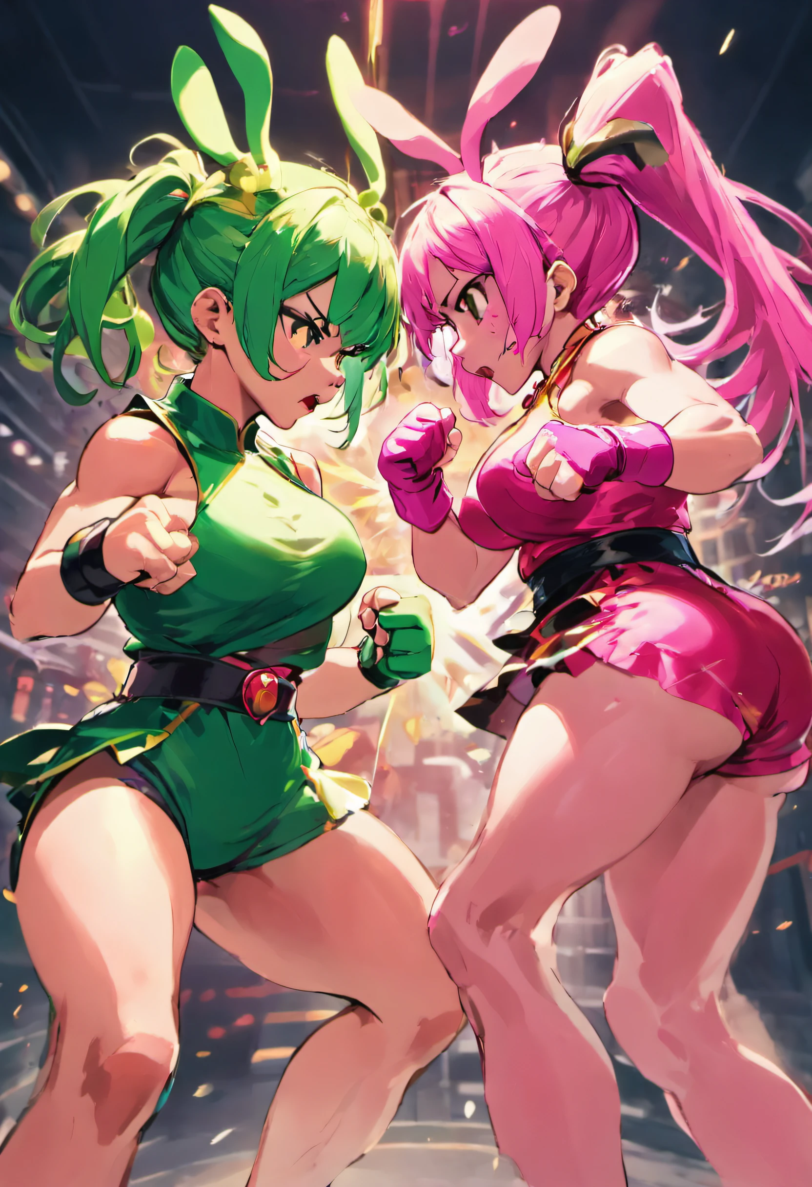 Pink rabbit girl and green hair girl,(Fighting stance,Face punch),Face to face,angry,Facing each other,Street Fighter 2、Cross Counter Rocky 2、Glaring at each other、Infight