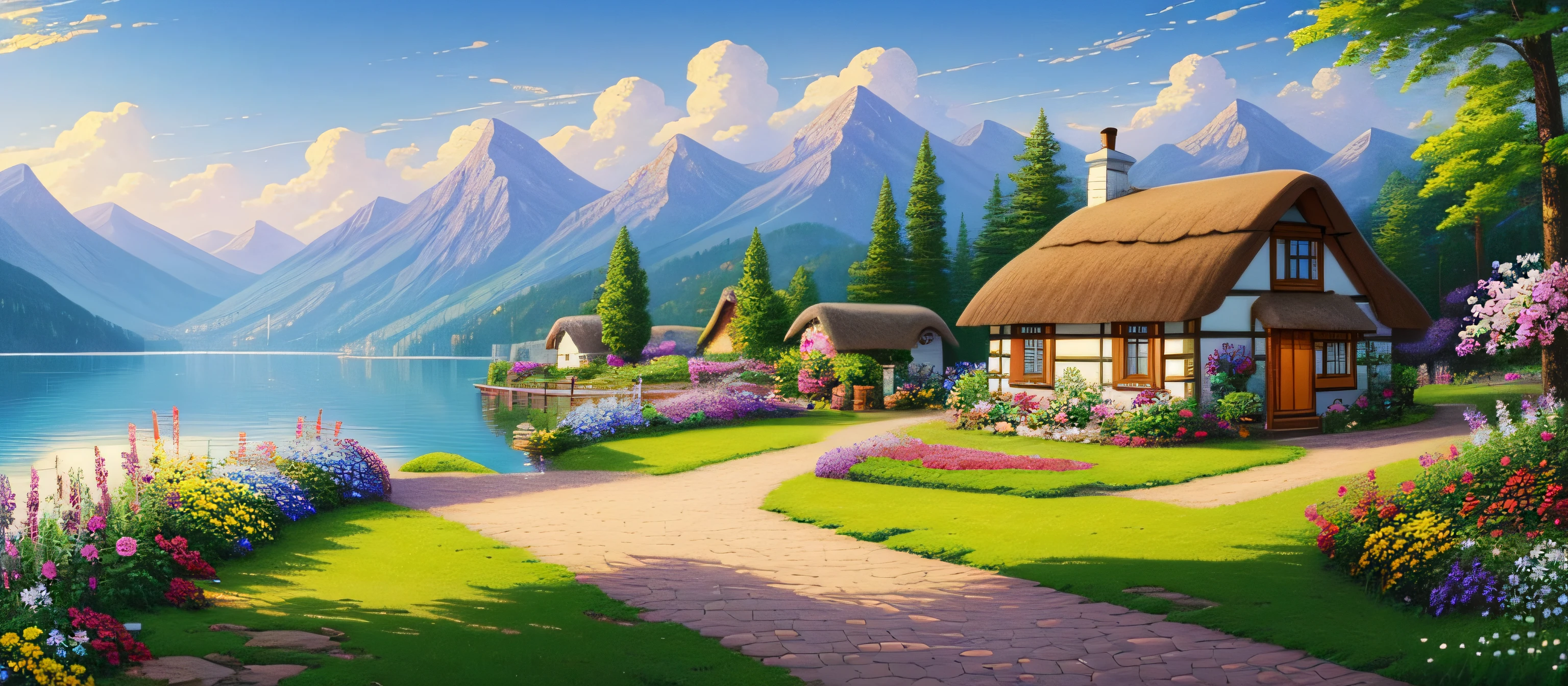 painting of a cottage, flowers beside of fence, fence along the road, mountain landscape with a lake and a boat, illustration matte painting, inspired by Thomas Kinkade, symmetric matte painting, detailed scenery , style raw, 8 k ultra detailed