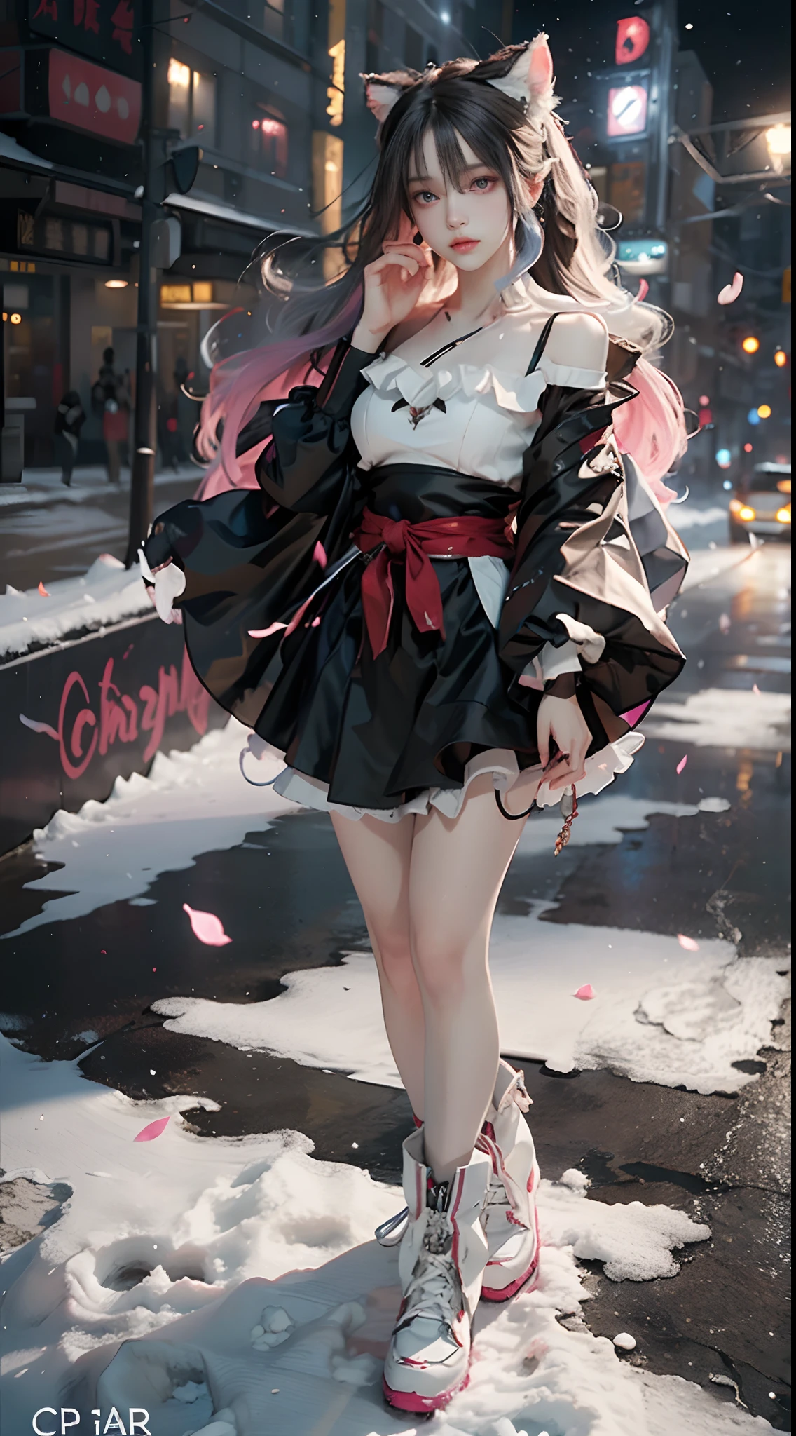 ((best qualtiy)), ((tmasterpiece)), (detail:1.4), Beautiful cyberpunk japanese woman image,An extremely tall twenty-four-year-old girl,full body shot shot, NFFSW(HighDynamicRange),Ray traching,NVIDIA RTX,Hyper-Resolution,illusory 5,Sub-surface scattering,PBR textures,post-proces,Anisotropy Filtering,depth of fields,maximum definition and sharpness,Many-Layer Textures,Albedo e mapas Speculares,Surface coloring,Mitsu-Accurate simulation of material interactions,perfectly proportioned,rendering by octane,Two-colored light,largeaperture,Low ISO,White balance,Rule three points、8K raw data、Beautiful bright red pupils,Off-the-shoulder clothing,Fine pupils,Light green gradient on pure black hair,long whitr hair,Delicate face and eyes,with round face, drooing eyes, Extremely long legs,long eyelasher,Blushlush,Delicate and fluffy hair,cparted lips,Pure,Cute face,Sweet girl,Artistic sense,Casual wear,Casual shoes,advanced sense,snowflower,Flower petals,snowflower, Buryaya snow background, Beautiful hair accessories,Long hair and waist,Hair fluttering in the wind,Snow White cat ears, curly,full body shot shot