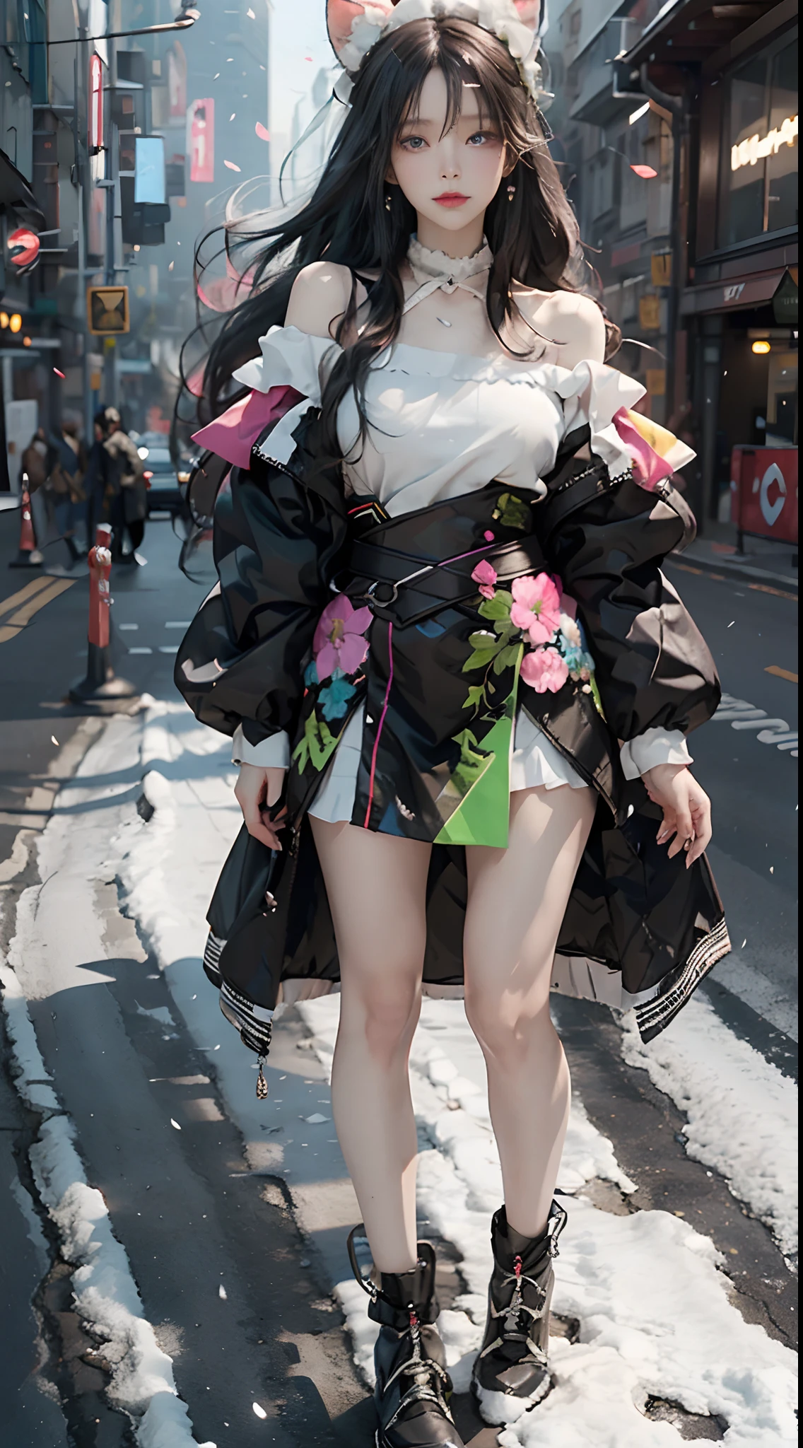 （（best qualtiy））， （（tmasterpiece））， （detail：1.4）， Beautiful cyberpunk japanese woman image，An extremely tall twenty-four-year-old girl,full body shot shot，　NFFSW（HighDynamicRange），Ray traching，NVIDIA RTX，Hyper-Resolution，illusory 5，Sub-surface scattering，PBR textures，post-proces，Anisotropy Filtering，depth of fields，maximum definition and sharpness，Many-Layer Textures，Albedo e mapas Speculares，Surface coloring，Mitsu-Accurate simulation of material interactions，perfectly proportioned，rendering by octane，Two-colored light，largeaperture，Low ISO，White balance，Rule three points、8K raw data、Beautiful bright red pupils，Off-the-shoulder clothing，Fine pupils，Light green gradient on pure black hair，long whitr hair，Delicate face and eyes，with round face,　drooing eyes,　Extremely long legs，long eyelasher，Blushlush，Delicate and fluffy hair，cparted lips，Pure，Cute face，Sweet girl，Artistic sense，Casual wear，Casual shoes，advanced sense，snowflower，Flower petals，snowflower,　Buryaya snow background,　Beautiful hair accessories，Long hair and waist，Hair fluttering in the wind，Snow White cat ears,　curly，full body shot shot