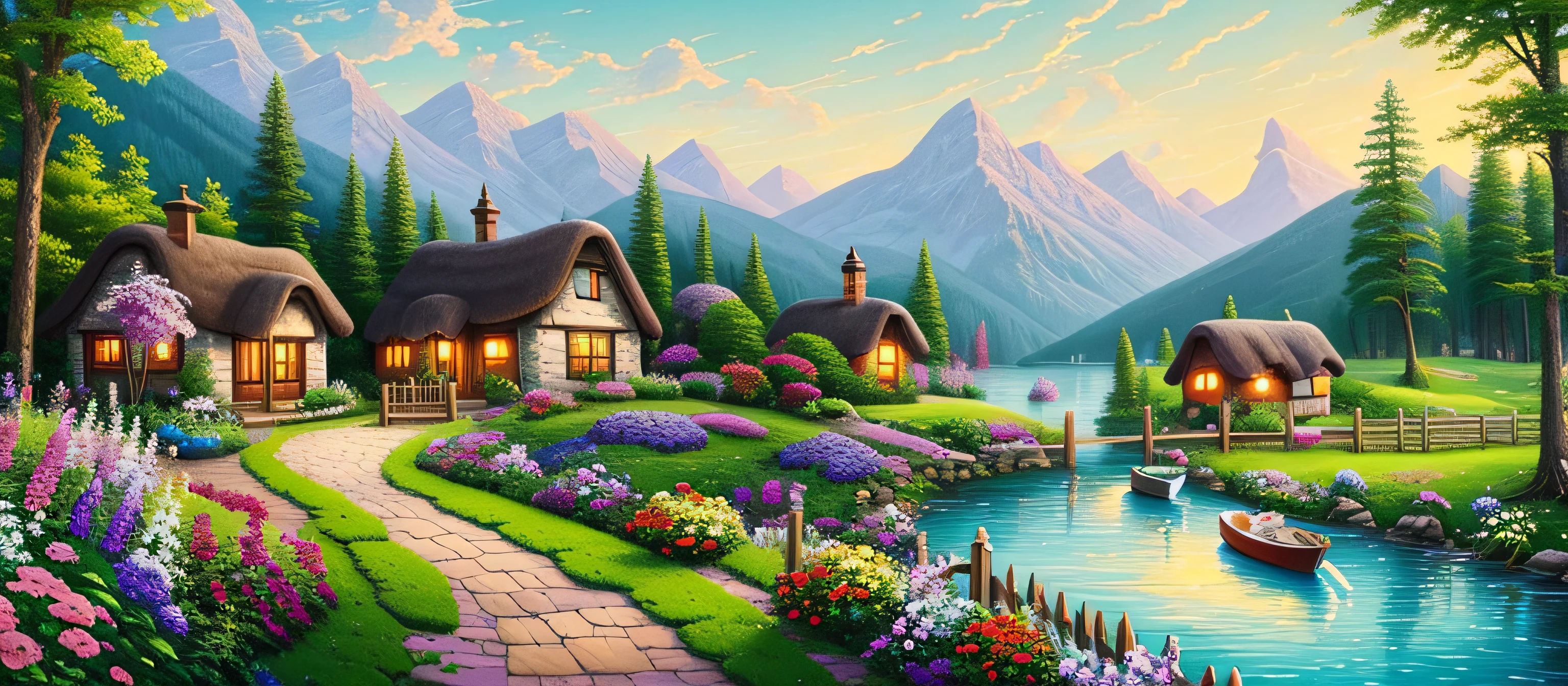 painting of a cottage, flowers beside of fence, fence along the road, mountain landscape with a lake and a boat, illustration matte painting, inspired by Thomas Kinkade, symmetric matte painting, detailed scenery , style raw, 8 k ultra detailed