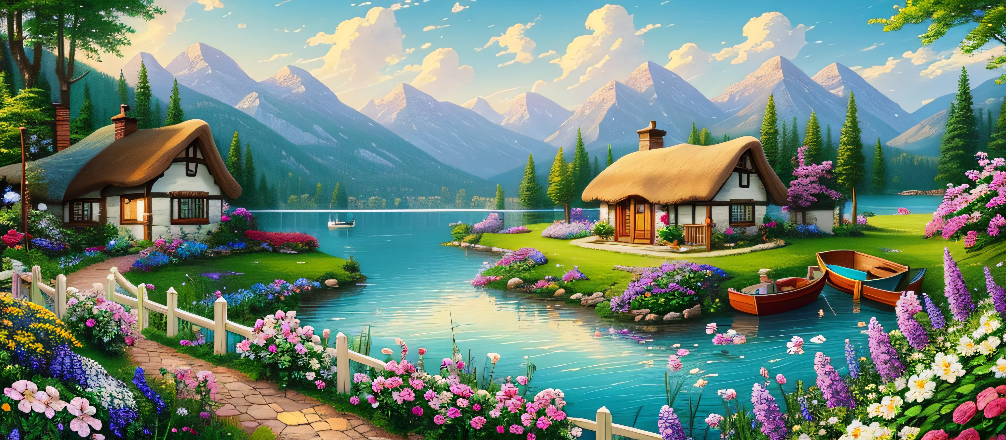 painting of a cottage, flowers beside of fence, fence along the road,  mountain landscape with a lake and a boat, illustration matte painting,  inspired by Thomas Kinkade, symmetric matte painting, detailed scenery , style raw, 8 k ultra detailed