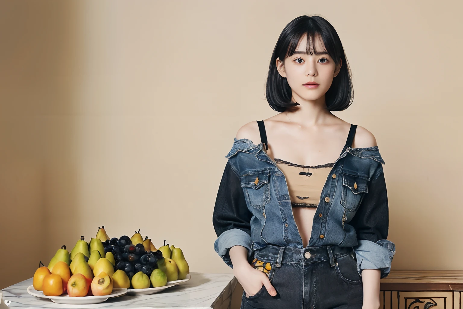 (Black Shorthair:1.3),  (a 20 yo woman), (A hyper-realistic), (Masterpiece), (8KUHD), Looking at the camera, jeans, (Clothes with fruit pattern:1.3), large full breasts, (Fruit in the hair), living dining