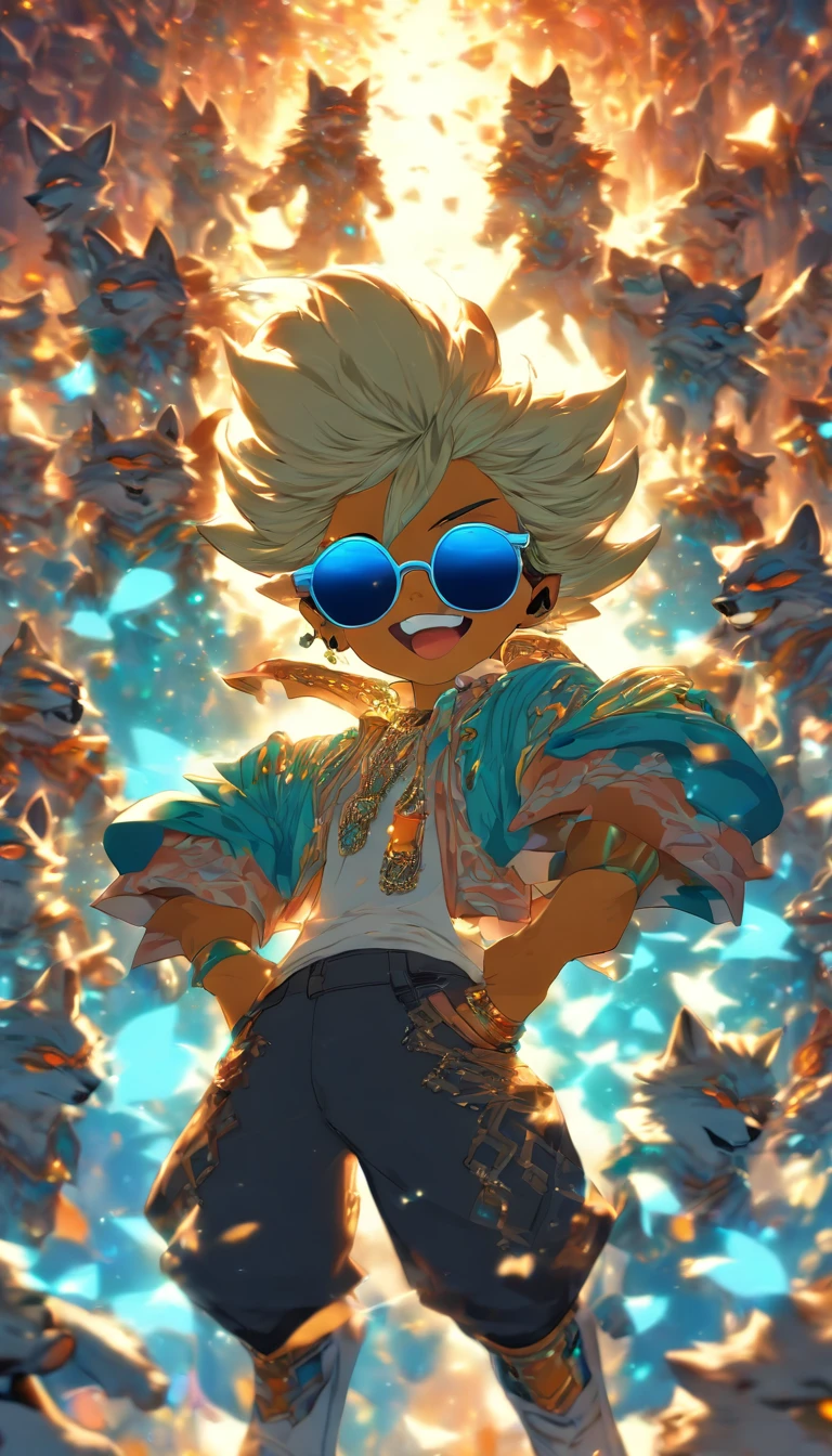 a sence of awe and wonder, (humanoid: 1.7) a small humanoid wolf, rich billionaire kid, (((wearing cool sunglasses:1.7))), mouth wide open , beautiful nature , vibrant colors, magical , butterflies in the background , fantasy style rendering