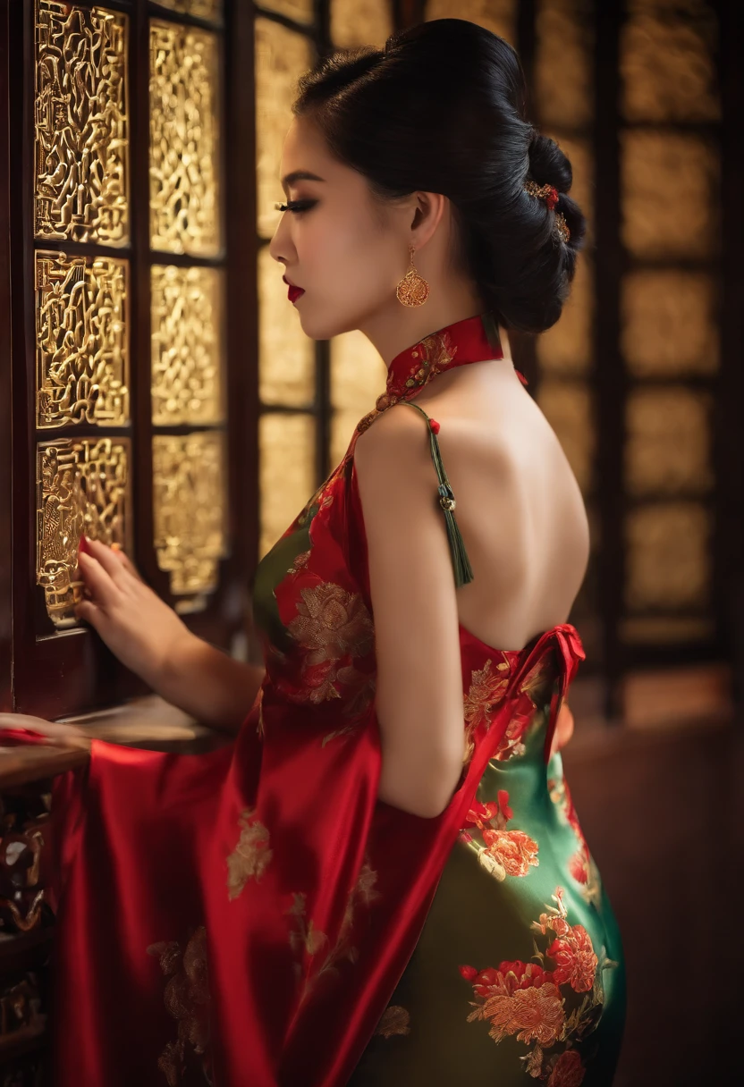 on cheongsam,girl,Full breasts,blacksilk