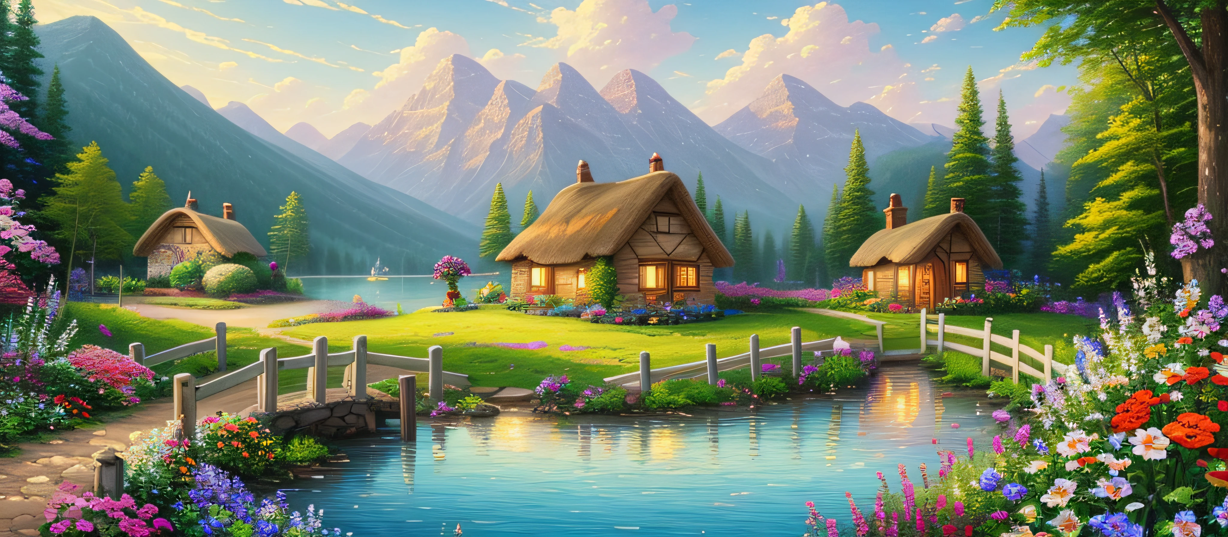 painting of a cottage, flowers beside of fence, fence along the road,  mountain landscape with a lake and a boat, illustration matte painting,  inspired by Thomas Kinkade, symmetric matte painting, detailed scenery , style raw, 8 k ultra detailed