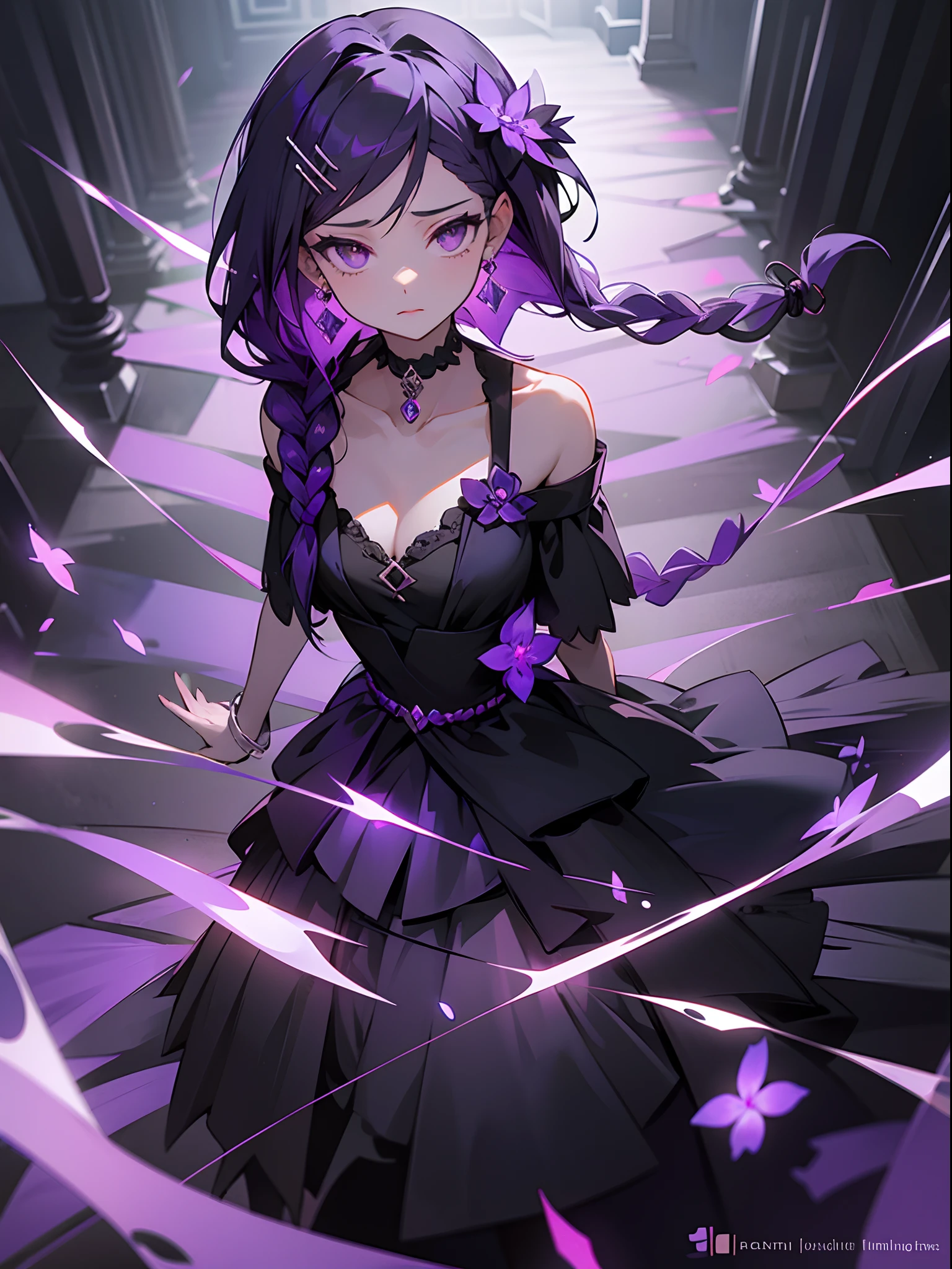 1girl, long black-putple hair, braided, amber eye, wearing black dress, night light, purple flower hairpin, double layer choker necklaces, purple gem earings, hall, stairs