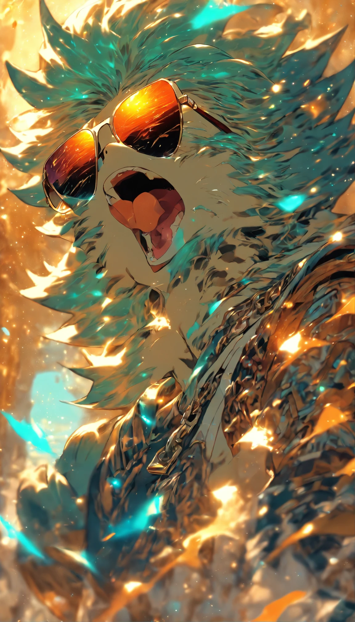 a sence of awe and wonder, (humanoid: 1.7) a small humanoid wolf yawning, ((yawning:1)) (((wearing cool sunglasses:1.7))), mouth wide open , beautiful nature , vibrant colors, magical , butterflies in the background , fantasy style rendering