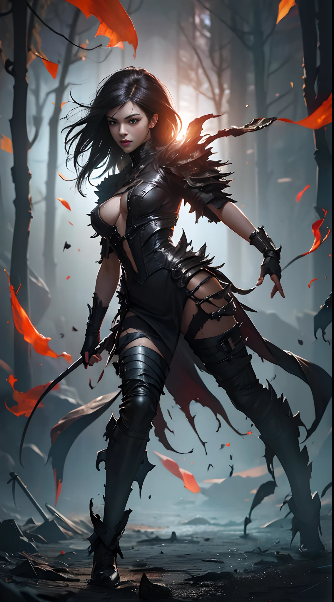 (Best Quality,4K,High resolution), human wolf,(Best Quality,4K,High resolution),Jet black hair on a black body, Body covered with hair all over the body, transform,An abnormal,sharp eye,Red glowing eyes,Facial expression enhancement,,Changing the Appearance of a Transform,beast,Beastification,buttle,Delicate illustrations drawn in detail,Realistic skin texture expression,Realistic portrayal,Vibrant colors,Classic background(Best Quality,4K,High resolution), Comical appearance,(Best Quality,4K,High resolution), 18yo woman, Red highlights on black hair, Long hair, Straight hair, Cool Woman,Wolfification of a man,Cold eyes ,sharp eye,Intricately decorated ripped clothes,Decaying and burning clothing remains,comic strip,animesque,Comical illustration,busy,Deformed cute illustration,Full body projection,Fighting,Fighting,Evil Fight,Halloween,Dark worldview
