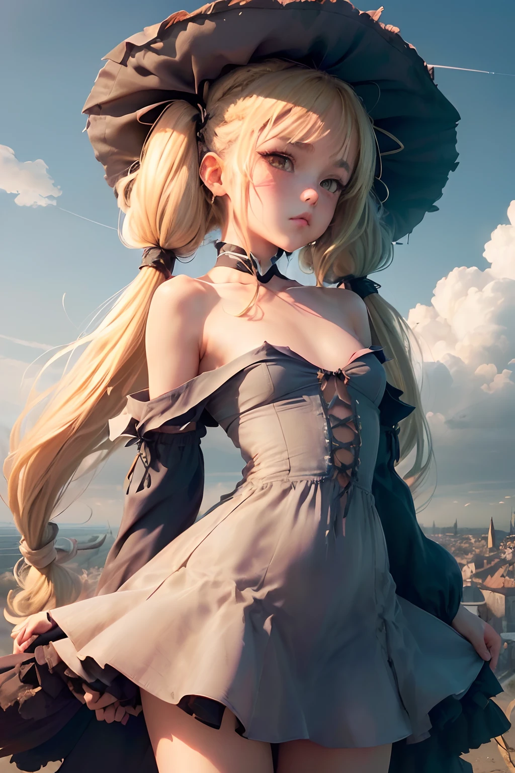 ((((hyperdetailed face, Perfect face and nice perfect face)))),( hight resolution, ultra-detailliert), (((((Petite girl with long hair blonde twin tails)))),((stratosphere))),(((()))),(((In the sky))),(((contrail))),(((Big witch's hat))),(((sea of clouds))),((())),(((Medieval townscape below))),((((toppless,Off Shoulder Long Dress, Highest Quality)))),(((Flying in the sky))),(((garterbelts))),(((Rin))),(((heavy wind))),((())),((()))),(((Skirt rolled up in strong winds))),(((,Angle from the side,Kamimei))),(((Detailed chest))).(((Chest close-up))),(((Small detail))),(((,Piece of art))),((ripped clothing)),(('Learn More ))),(((red blush)))