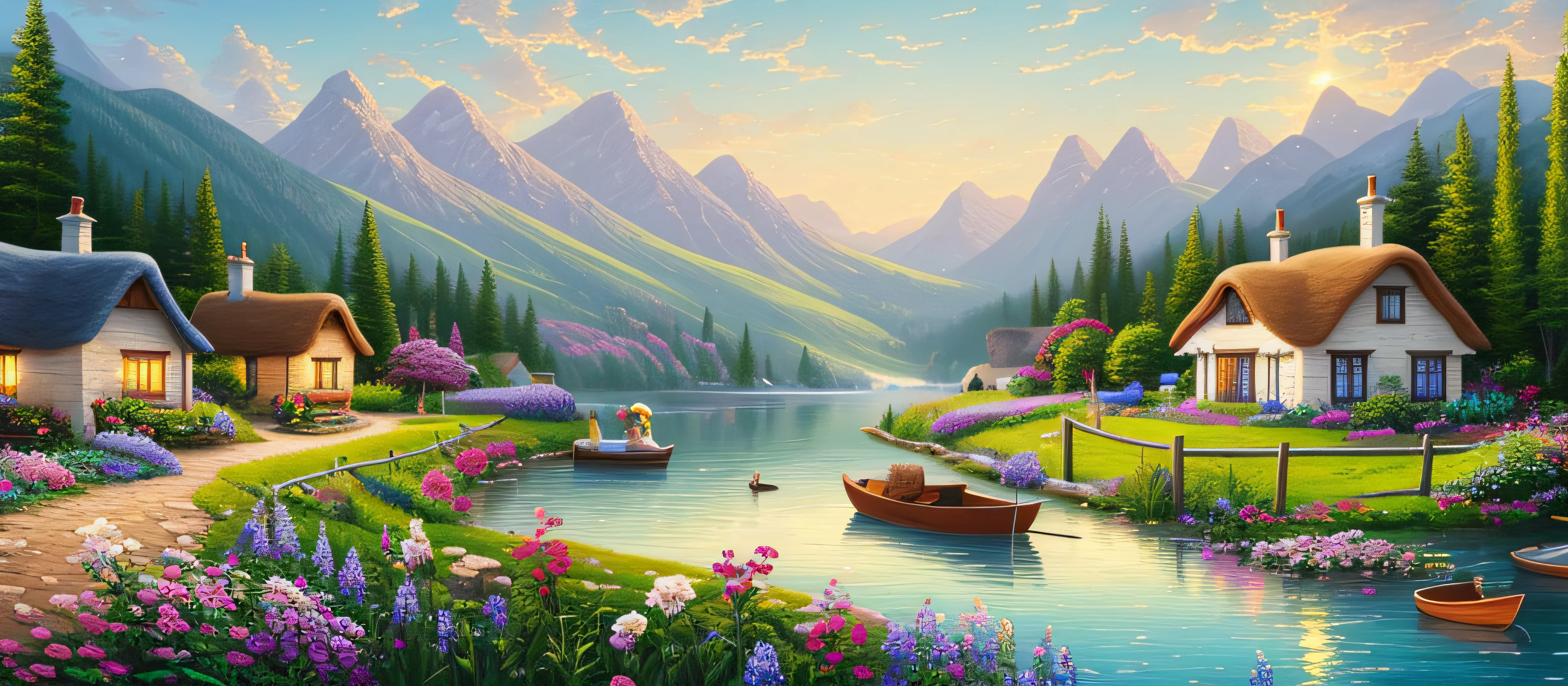 painting of a cottage, flowers beside of fence, fence along the road,  mountain landscape with a lake and a boat, illustration matte painting,  inspired by Thomas Kinkade, symmetric matte painting, detailed scenery , style raw, 8 k ultra detailed