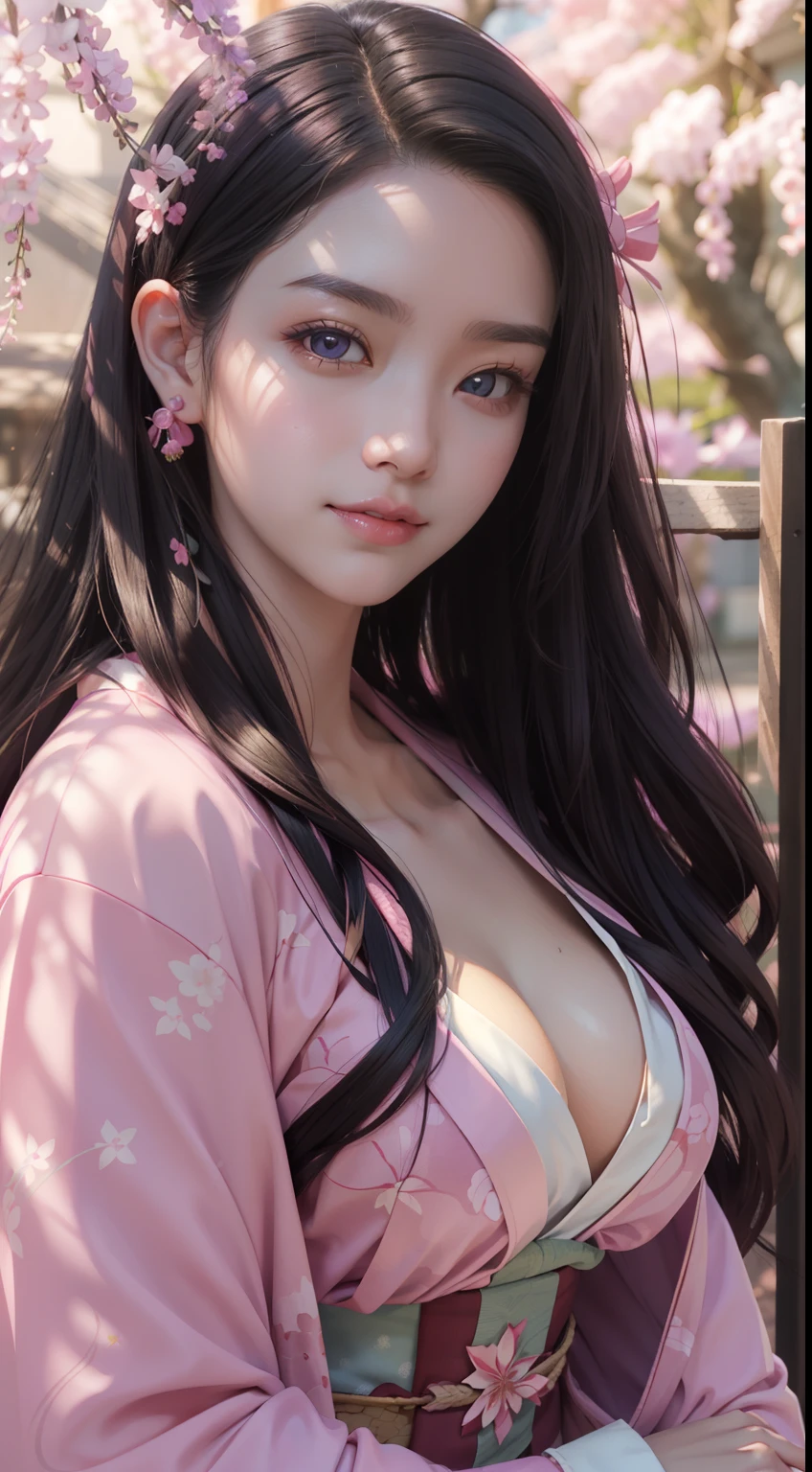 Masterpiece, (Pink kimono), Seductive face, Large breasts with cleavage,ssmile,sportrait,Good lighting, Masterpiece, Glowing eyes, 1girll, Black hair, on the face, Nezuko Kamado, Wisteria background, Best quality,
