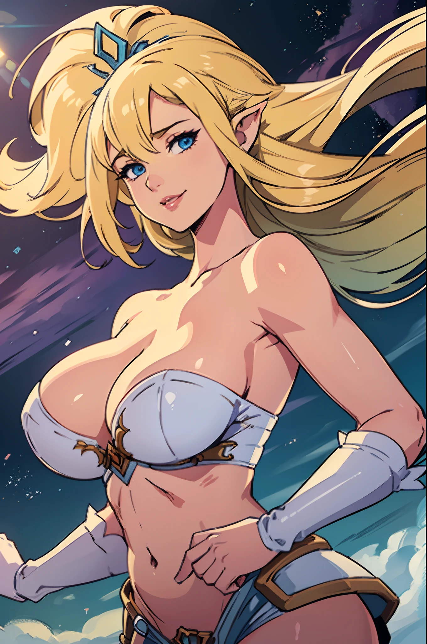 masterpiece, best quality, ultra-detailed, illustration, colorful, flat color, depth of field, lens flare, 1girl, janna \(league of legends\), long hair, blonde hair, blue eyes, anime, (closeup), (cowboy shot), (upper body), open shoulders, cleavage, looking at viewer, from front, detailed fabric texture, beautiful detailed face, smile, seductive, alluring attire, collarbone, ((gigantic breasts, saggy breasts, huge breasts, curvy, voluptuous, curvaceous)), (hands on hips), makeup, milf