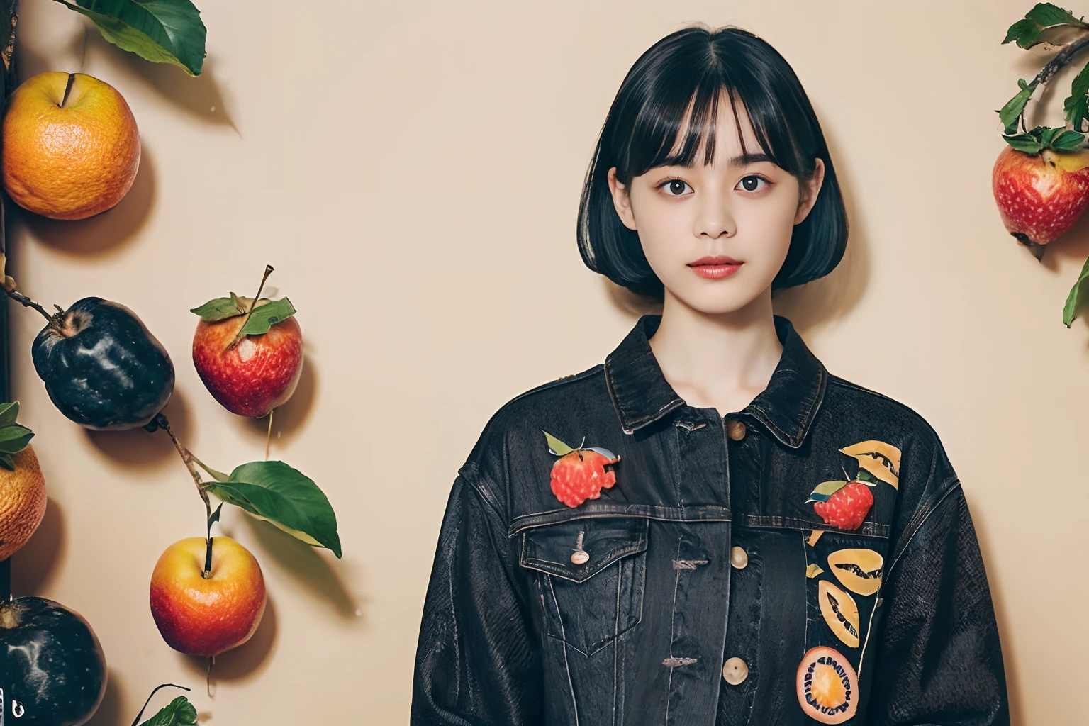 (Black Shorthair:1.3),  (a 20 yo woman), (A hyper-realistic), (Masterpiece), (8KUHD), Looking at the camera, jeans, (Clothes with fruit pattern:1.3), large full breasts, (Fruit in the hair), living dining