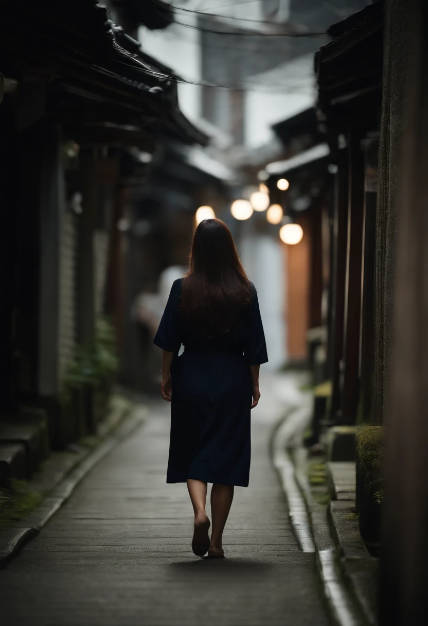 Rear view of Japan mature woman with straight long hair walking in a dimly lit alley