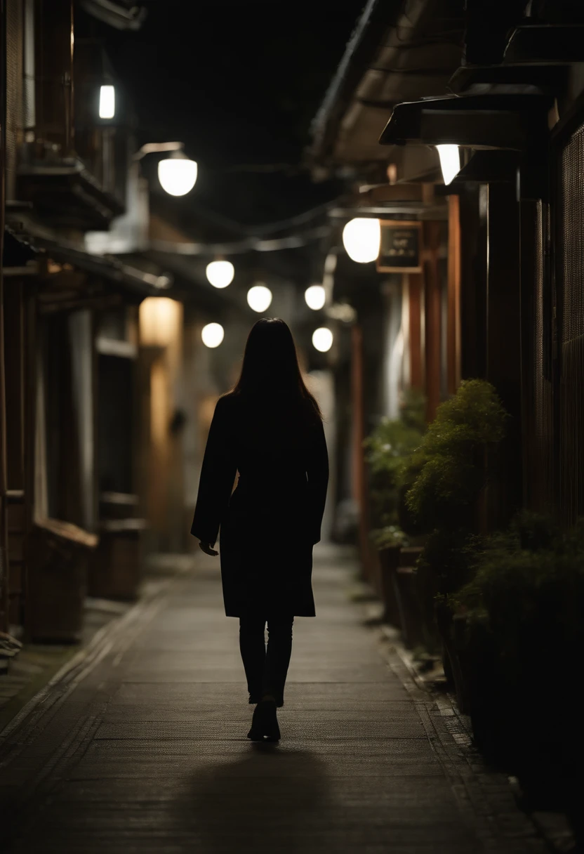 Rear view of Japan mature woman with straight long hair walking in a dimly lit alley