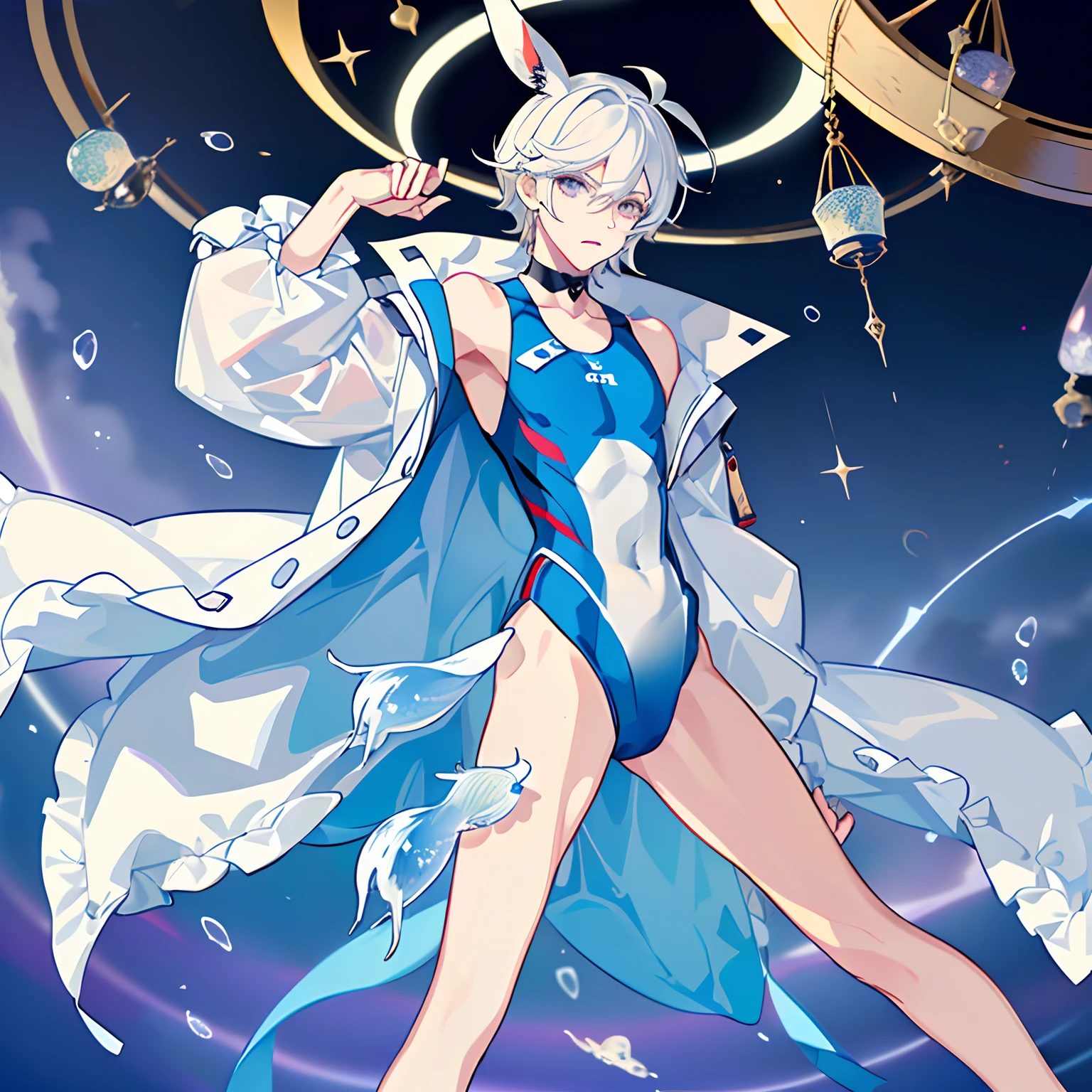 Boy with rabbit ears and medium hair length. Hair as white as ears and eyelashes. Albino. The skin is pale, The eyes are gray-light, like the color of the moon. Wears clothes in the shape of a swimsuit. The chest is ajar, And a raincoat is fastened on the collarbone, which hangs down to the very butt, At the end, crescents hang on the sides. The Eye of God is located, where the cloak is fastened. The Eye of God Hydro. Very long stockings with a fish horoscope pattern.
