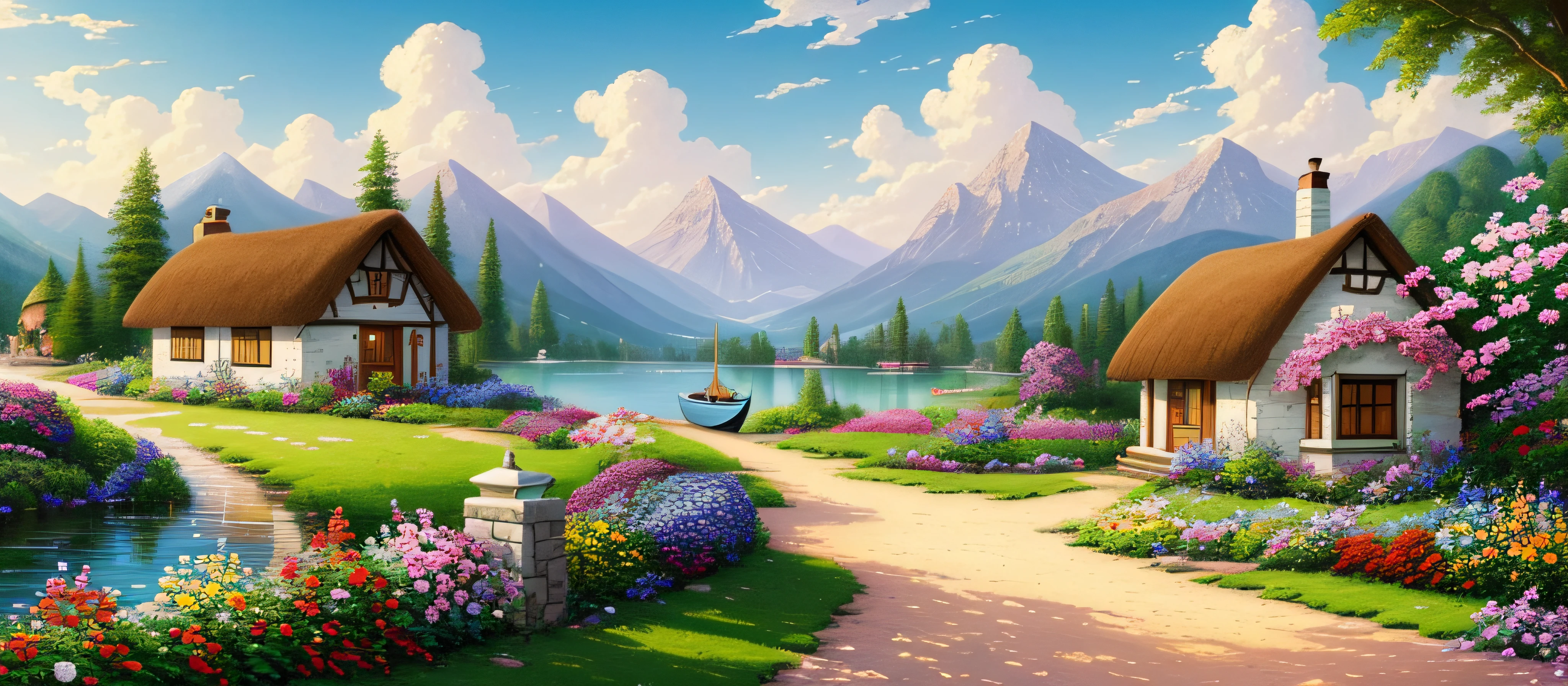 painting of a cottage, flowers beside of fence, fence along the road, mountain landscape with a lake and a boat, illustration matte painting, inspired by Thomas Kinkade, symmetric matte painting, detailed scenery , style raw, 8 k ultra detailed