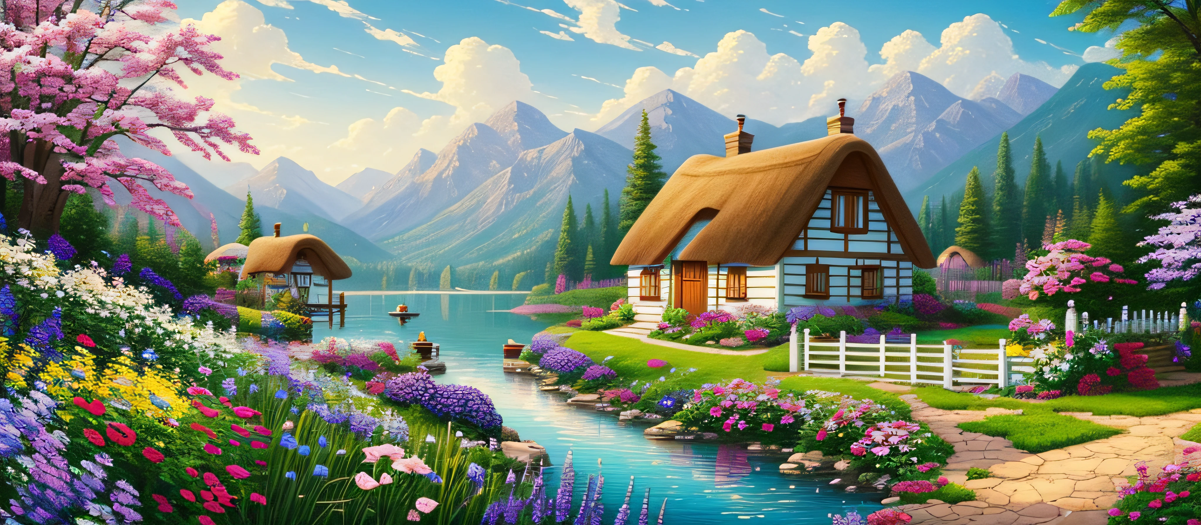painting of a cottage, flowers beside of fence, fence along the road, mountain landscape with a lake and a boat, illustration matte painting, inspired by Thomas Kinkade, symmetric matte painting, detailed scenery , style raw, 8 k ultra detailed