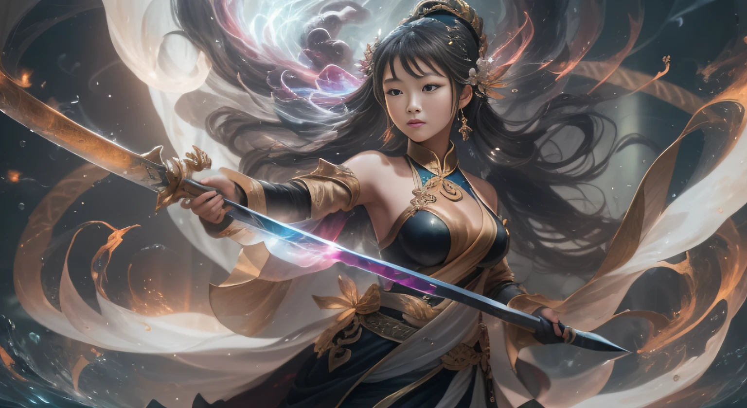A woman with a sword and a dress on holding a sword - SeaArt AI