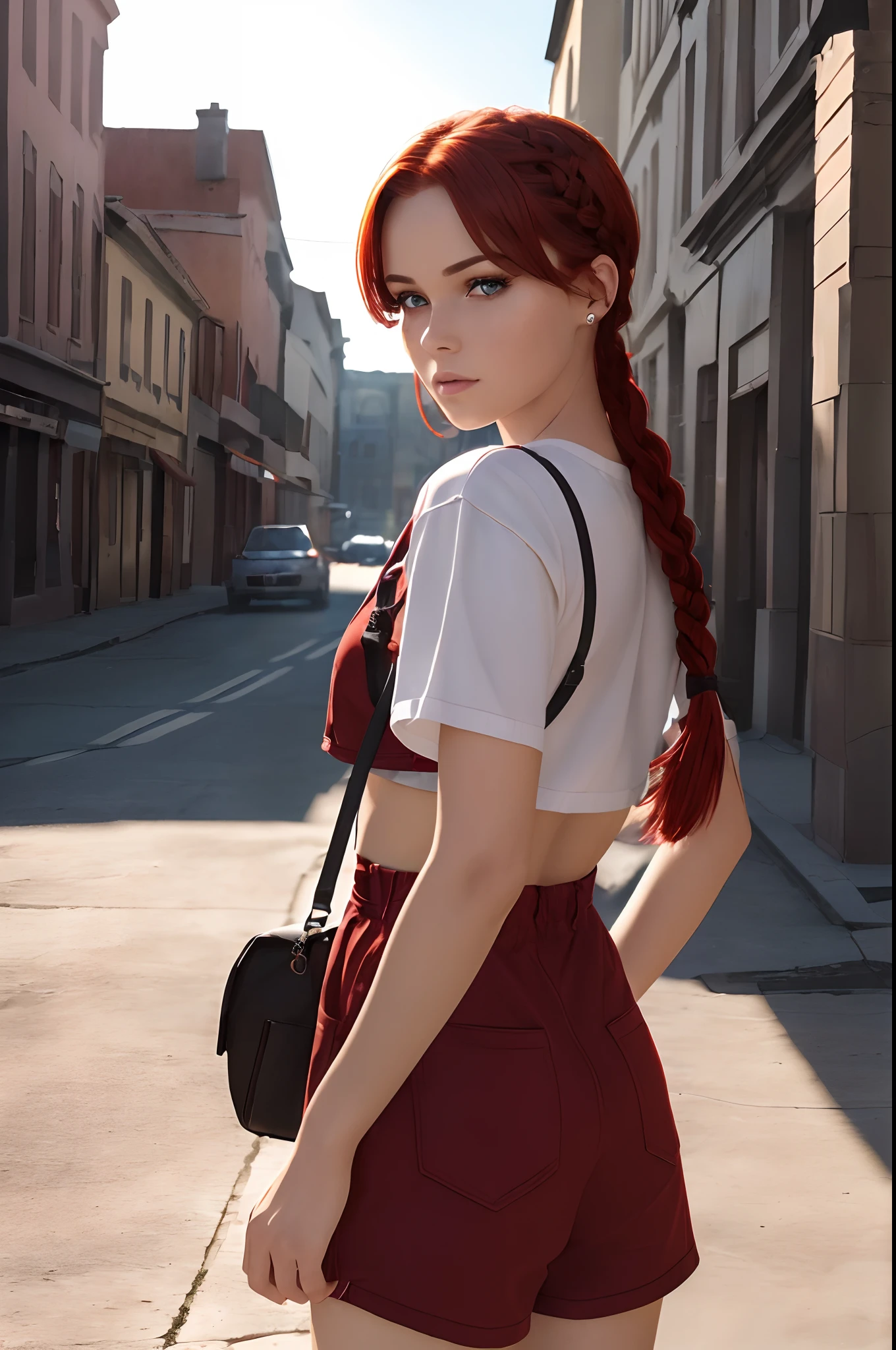 (best quality, highres:1.2, ultra-detailed, realistic:1.37), beautiful detailed eyes, fiery red short hair, braided, gazes at the viewer, cinematic pose, dramatic shadows, intense expression, vibrant colors