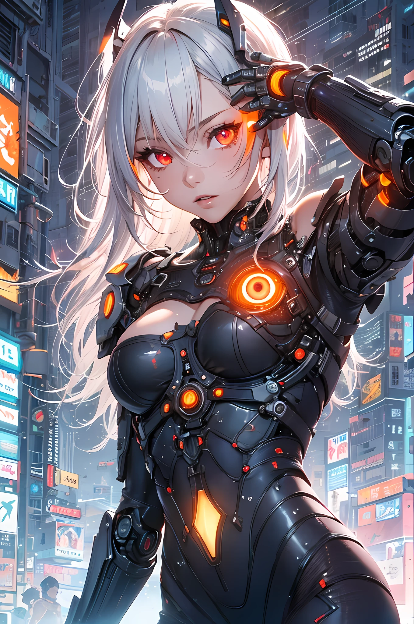 (SFW), Intricate details, 1girl in, Night, (Bright neon color), ((Fly over futuristic cyberpunk city)), Detailed background, (Little Cyborg Girl, ((cute perfect face, bright glowing red eyes)), (Perfect Anatomy, petite perky breasts), (Ridiculously long gradient orange and white hair, hair blowing in wind)), Detailed ribbed impossible bodysuit, Shoulder Armor, Cybernetic limbs, Dynamic Angle.
