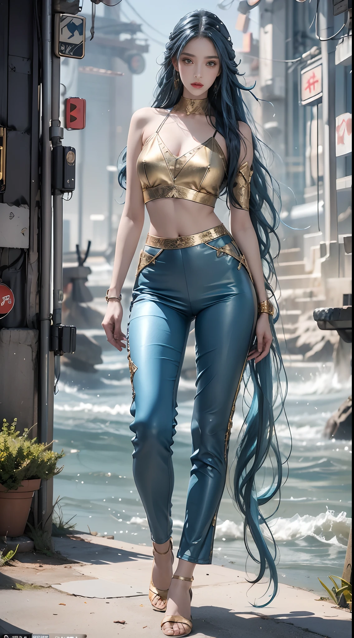 unreal-engine:1.4,hyper HD,Best quality:1.4, Fotor is realistic:1.4, Skin texture:1.4, tmasterpiece:1.8, 1 extremely tall, slender and sexy woman, beautidful eyes, Extra-long hair fell to the ground, ringed eyes, huge tit，big breasts thin waist，Oversized fat buttocks，Long legs，jewely, Hanfu, shorter pants，high-heels，Chinese fairy, (Cyberpunk:1.4),(Surrounded by waves:1.4), Eau:1.4,(Long blue hair+golden colored:1.4),masutepiece, full: 1.5, standing on your feet, ((Fighting posture)), 8K, full body shot shot。...........。.。.3D, realisticlying, Ultraphotomicrography, of the highest quality, Super Detail CG Unity 8k Wallpaper,