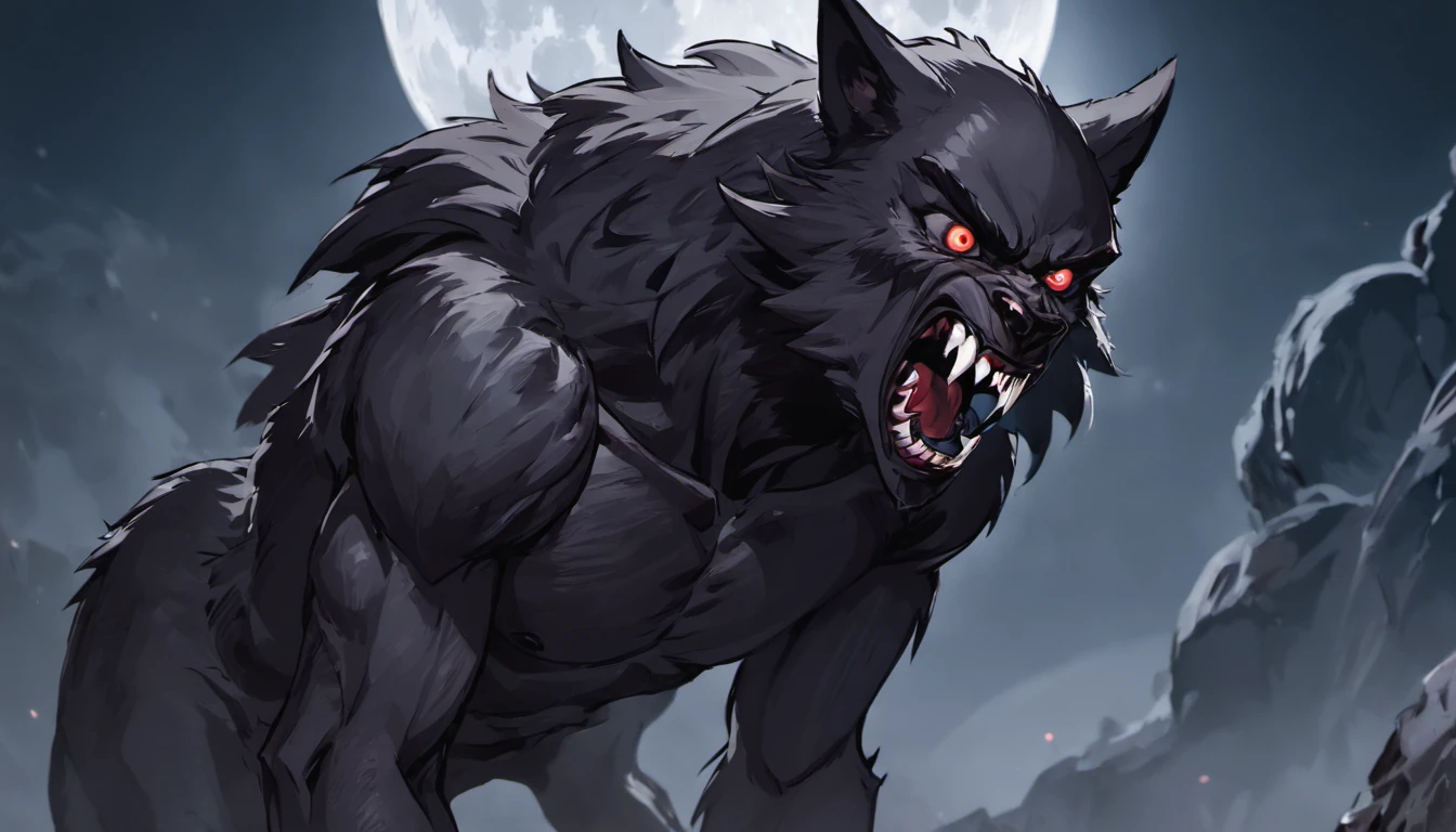 Closeup photograph,black werewolf , staring eyes,full moon in background,back shot