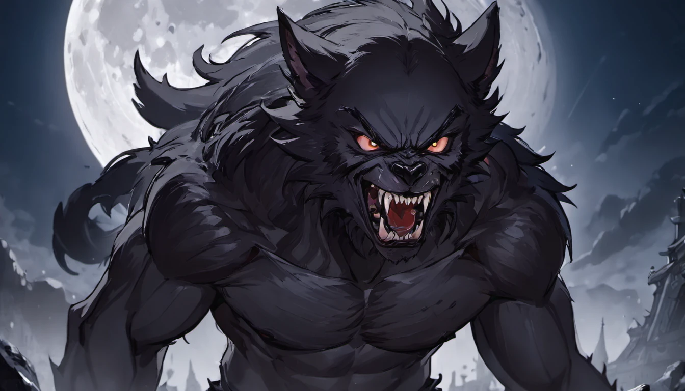 Closeup photograph,black werewolf , staring eyes,full moon in background,back shot