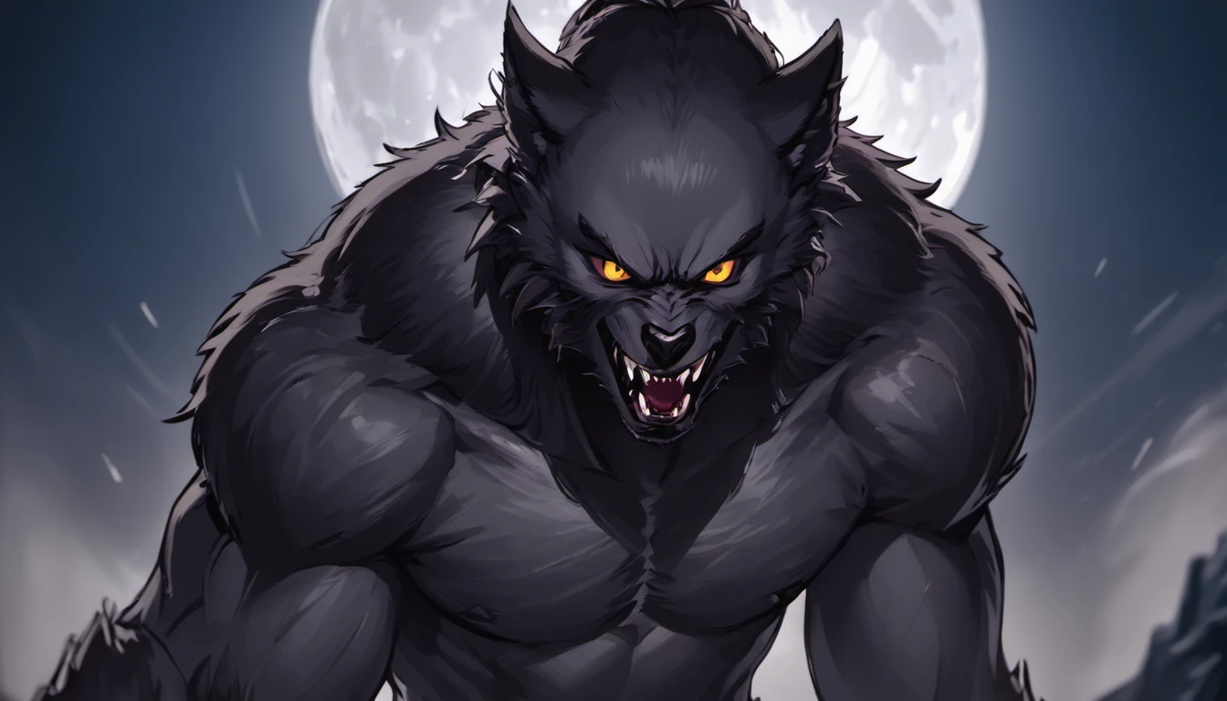 Closeup photograph,black werewolf , staring eyes,full moon in background,back shot