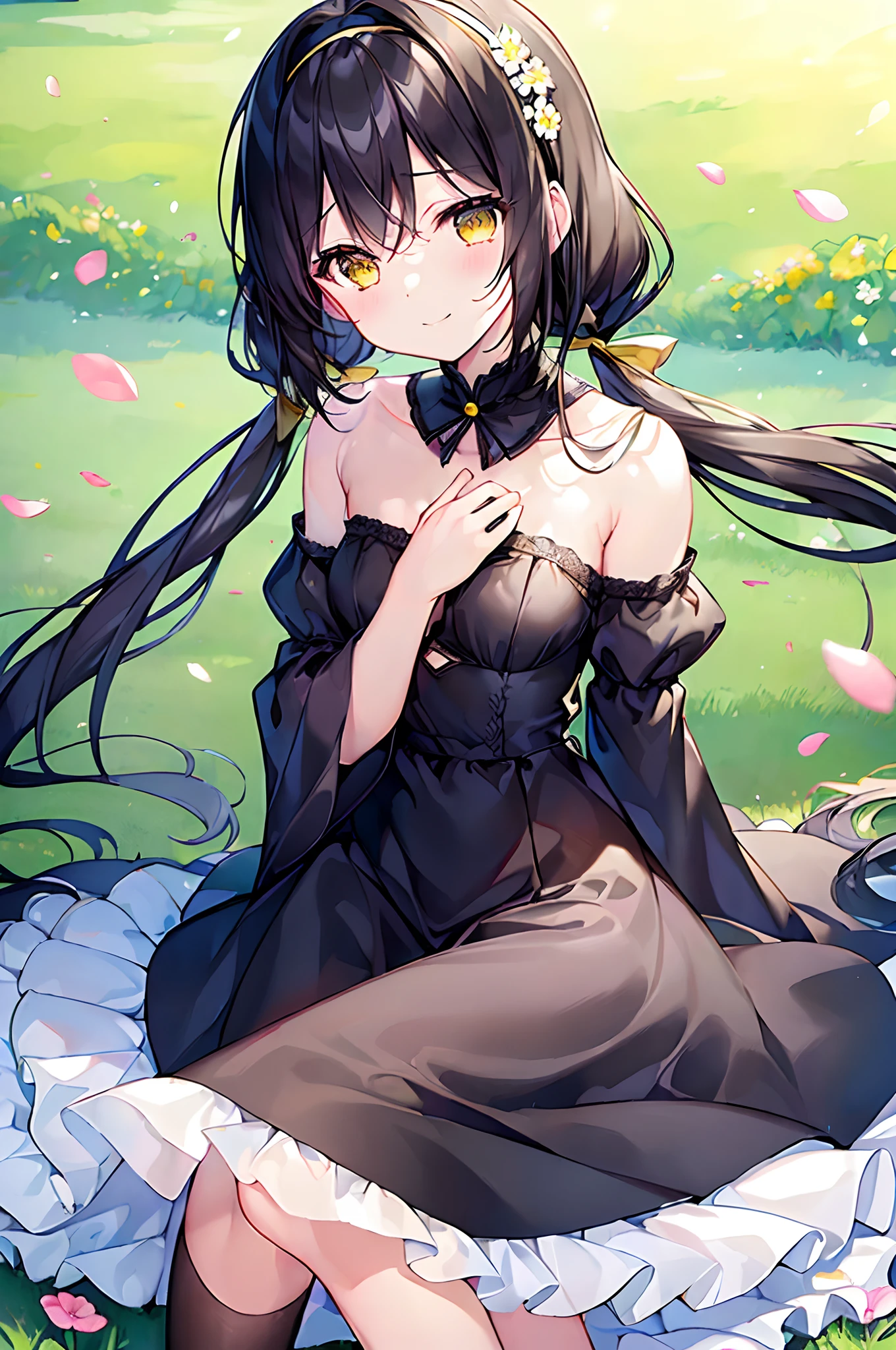 1girl,Melantha, solo,extremely detailed,best quality,highly detailed,masterpiece,ultra-detailed,illustration,finely detail,extremely detailed CG unity 8k wallpaper,8k_wallpaper,extremely detailed CG,best quality,extremely_detailed_eyes_and_face,an extremely delicate and beautiful girl,beautiful detailed eyes,an extremely delicate and beautiful,dramatic_angle, detailed super oily shiny skin,detailed emotion,petite, small breasts,black skirt,light blush,light smile, black thighhighs, sunlight, petals, flower field, flowery meadow, outdoors,cat ears, cat tail,