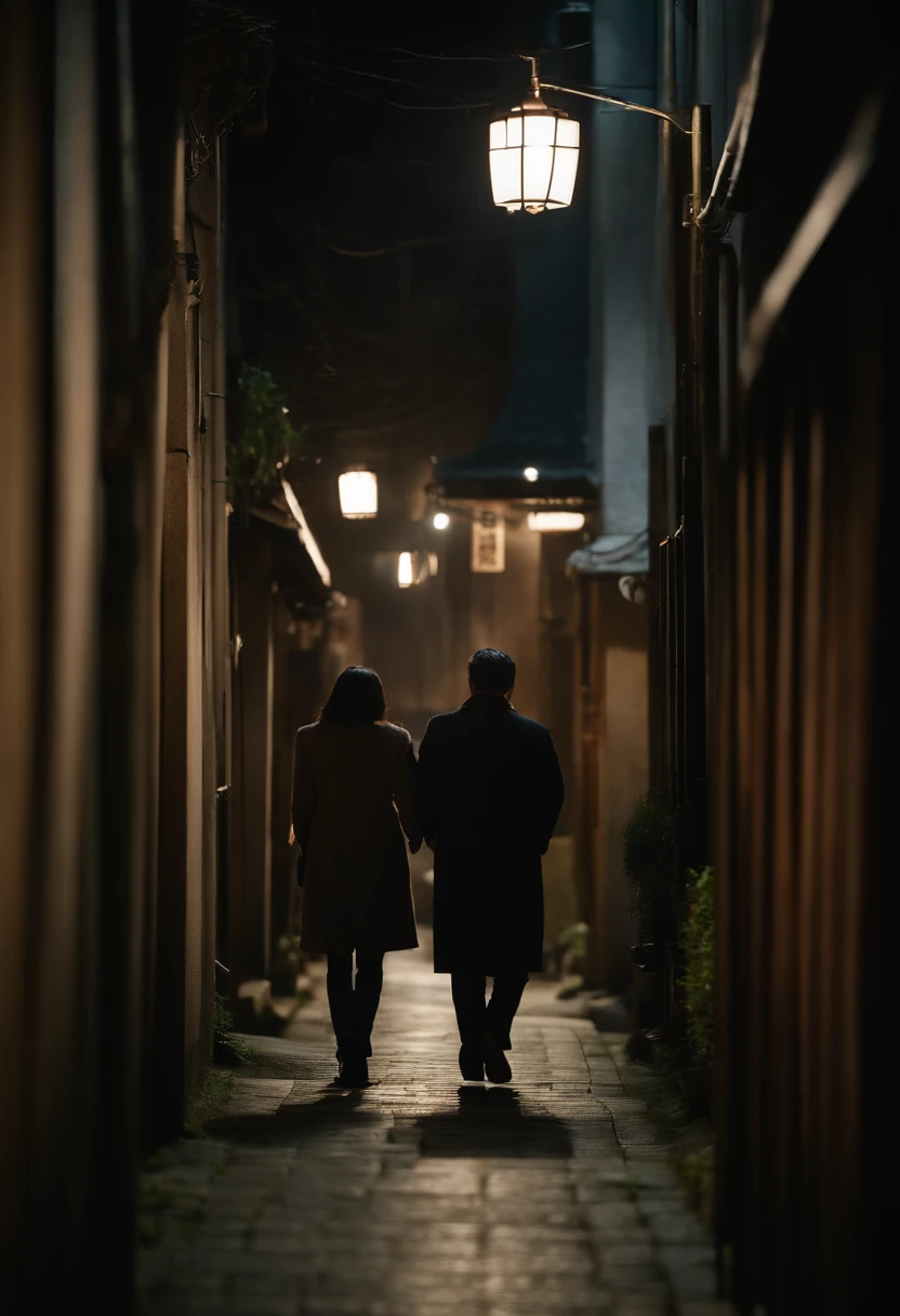 A suspicious man is staring from the shadows at the back of a Japan mature woman with straight long hair walking in a dimly lit alley