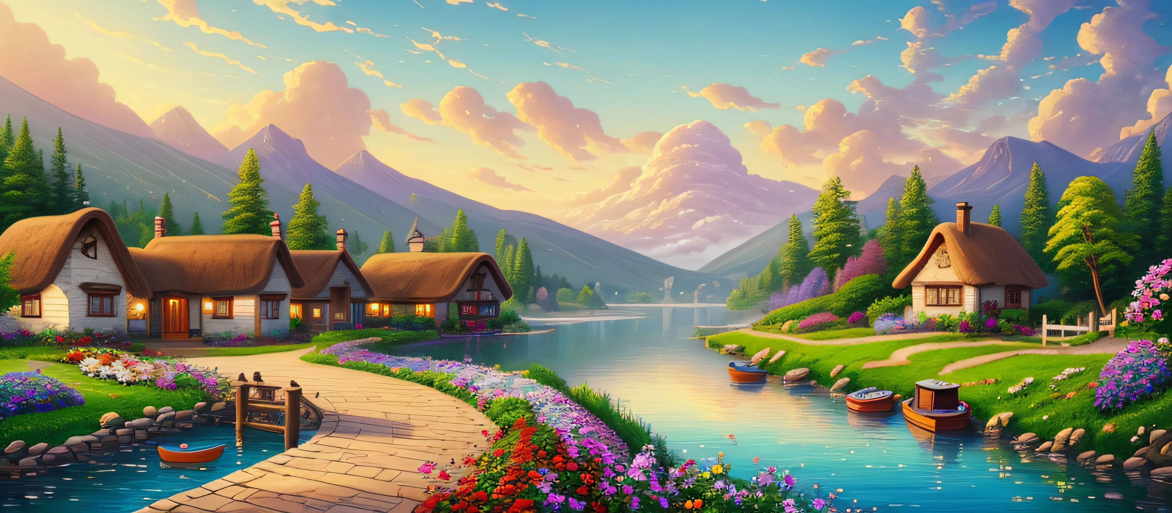 painting of a cottage, smoke from chimney, flowers beside of fence, fence along the road, mountain landscape with a lake and a boat, illustration matte painting, inspired by Thomas Kinkade, symmetric matte painting, detailed scenery , style raw, 8 k ultra detailed