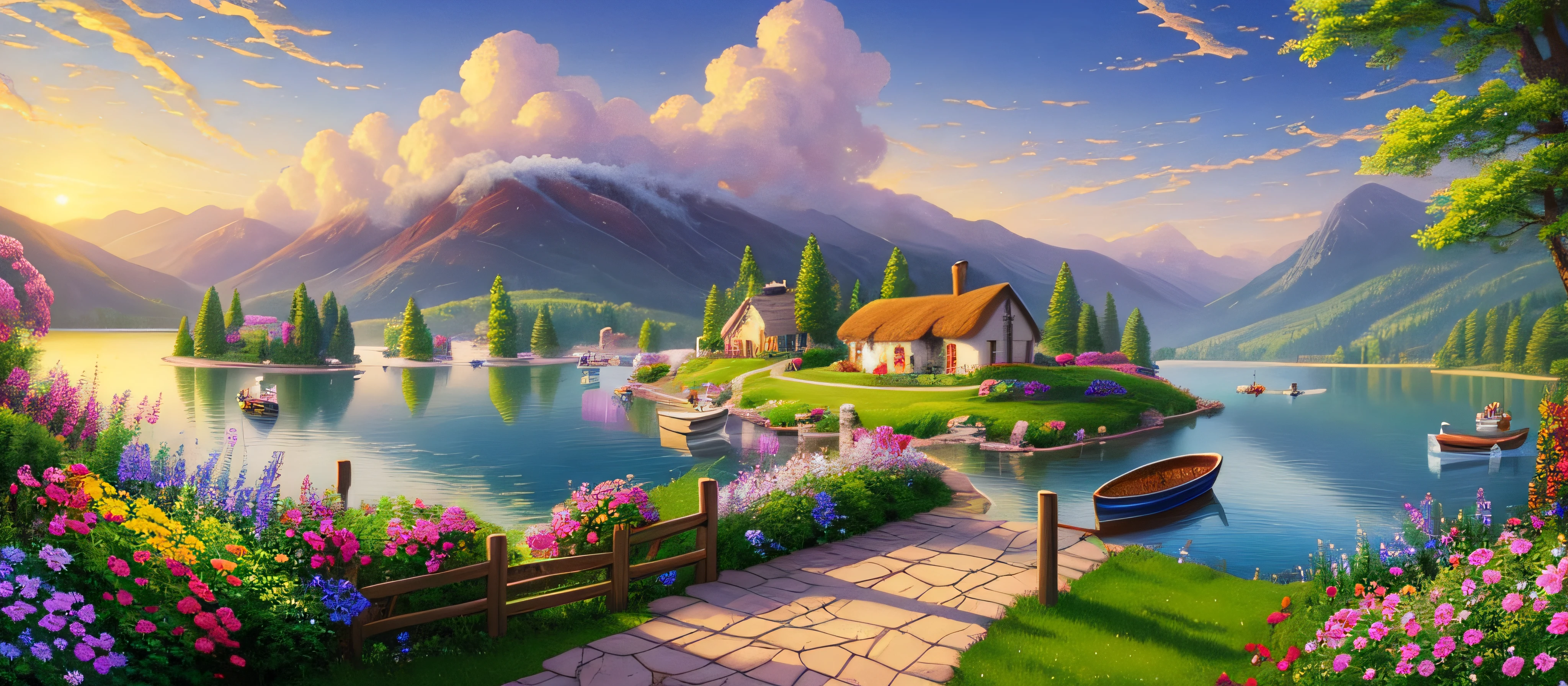 painting of a cottage, smoke from chimney, flowers beside of fence, fence along the road,  mountain landscape with a lake and a boat, illustration matte painting,  inspired by Thomas Kinkade, symmetric matte painting, detailed scenery , style raw, 8 k ultra detailed