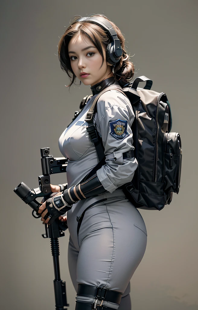 Highest image quality, outstanding details, ultra-high resolution, (realism: 1.4), ((close up:0.75)), highly condensed 1lady, with beautiful and a delicate face, perfect proportion, (Kicking To Viewer), (chubby:0.3, small breasts), (wearing racing suit likes police uniform, black and gray mecha, wearing high-tech headset, military harness, holding a machinegun, carrying hich-tech-backpack on back), captain, background simple gray wall,