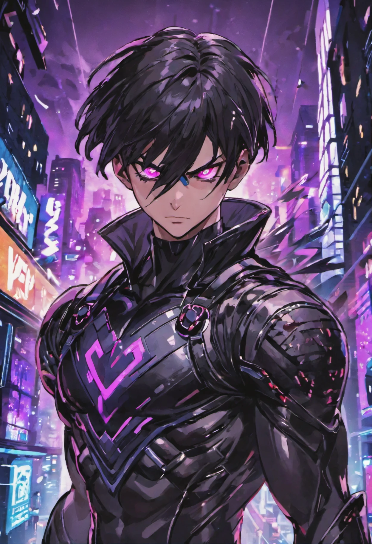 Closeup photograph, confident young cyberpunk male superhero in black costume,cyber night city in background