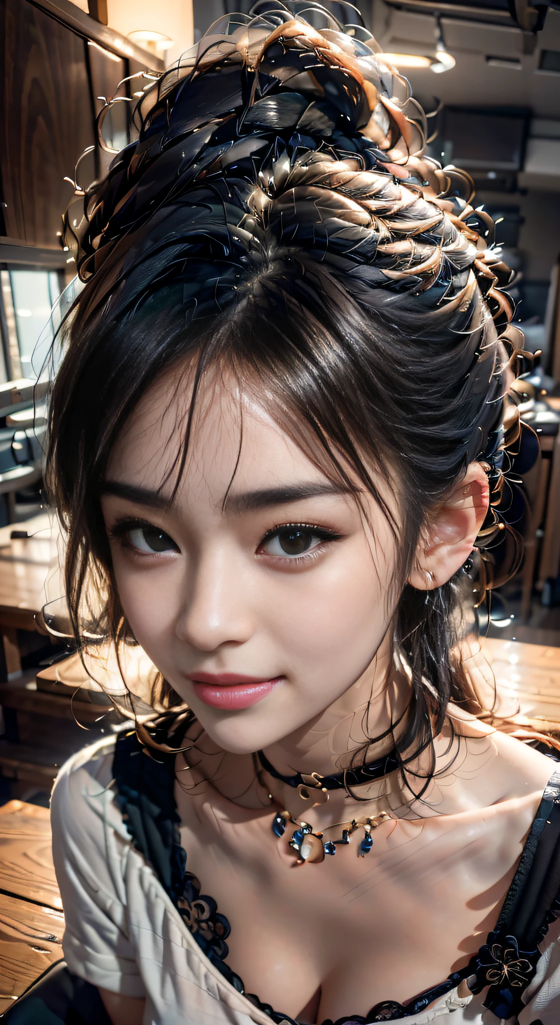 From  above,(Black hair, hair bobbles), (wince, longeyelashes),( Solid Circle Eyes), , ((lightsmile)), ear blush, , , drop shadow, anaglyph, stereograms, ,( Atmospheric perspective), in 8K, Super Detail, ccurate, Best Quality, nffsw, retinas, , Anatomically correct, Textured skin, , (cute seductive smile, Beautiful Asian１６Year old girl), , friendly seductive smile, , ,