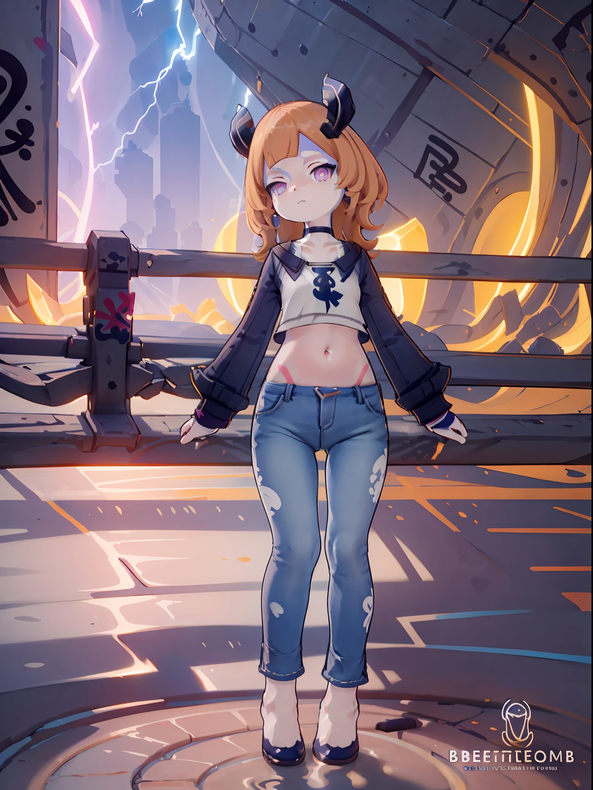 Melousine | genshin impact, master-piece, bestquality, 1girls,25 years old, proportional body, elongated legs, proportional., crop top, Long Jeans, mediuml breasts, ,bara, crop top, choker, (Graffiti:1.5), Splash with purple lightning pattern., arm behind back, against wall, View viewers from the front., Thigh strap, Head tilt, bored, 10, 10, HD,