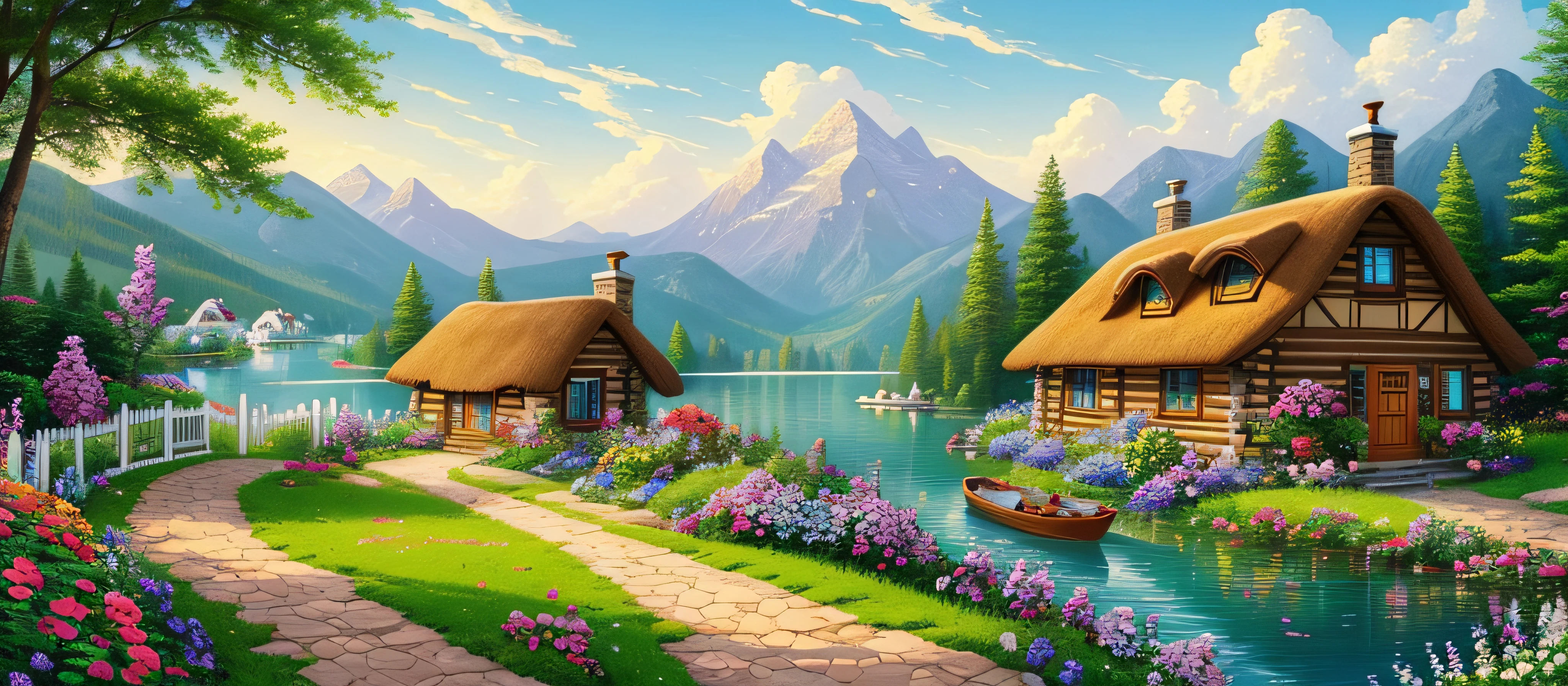 painting of a cottage, flowers beside of fence, fence along the road,  mountain landscape with a lake and a boat, illustration matte painting,  inspired by Thomas Kinkade, symmetric matte painting, detailed scenery , style raw, 8 k ultra detailed