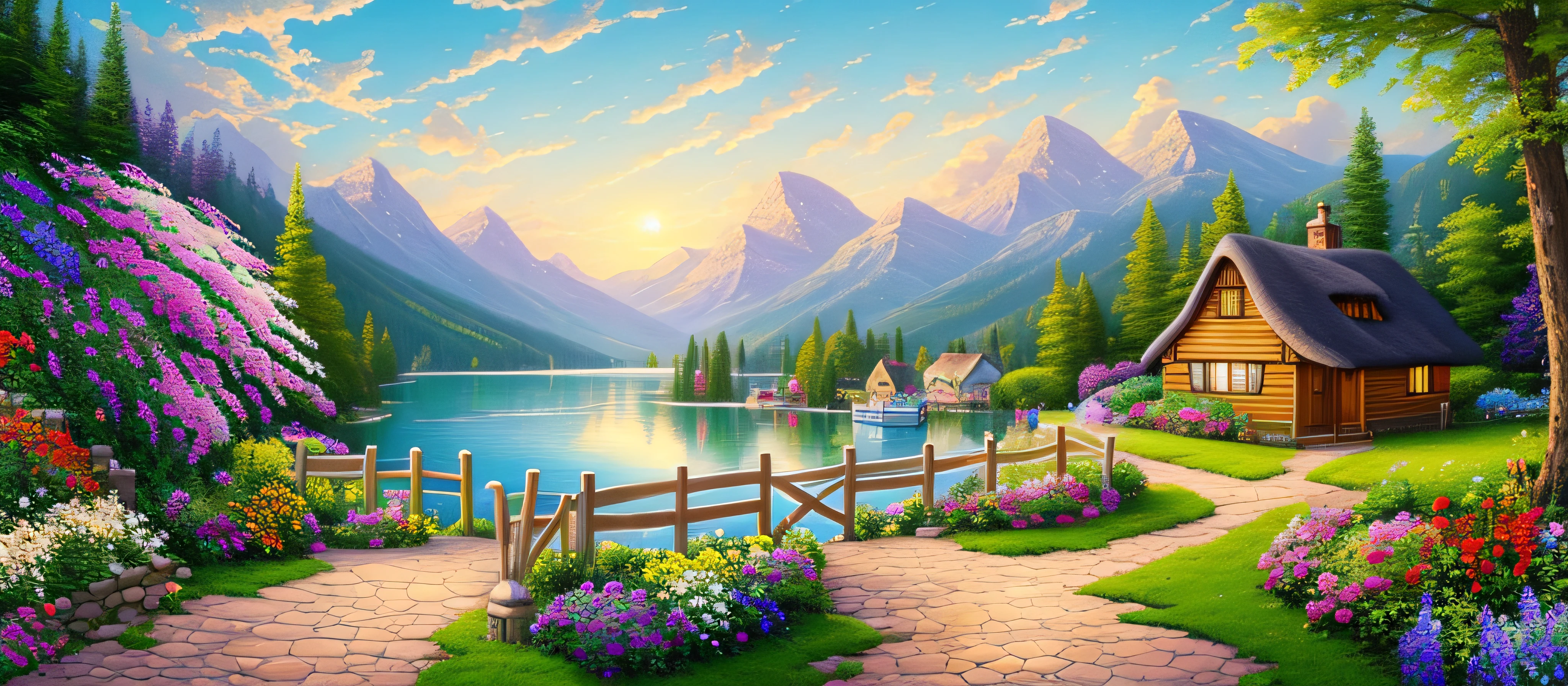 painting of a cottage, flowers beside of fence, fence along the road, mountain landscape with a lake and a boat, illustration matte painting, inspired by Thomas Kinkade, symmetric matte painting, detailed scenery , style raw, 8 k ultra detailed