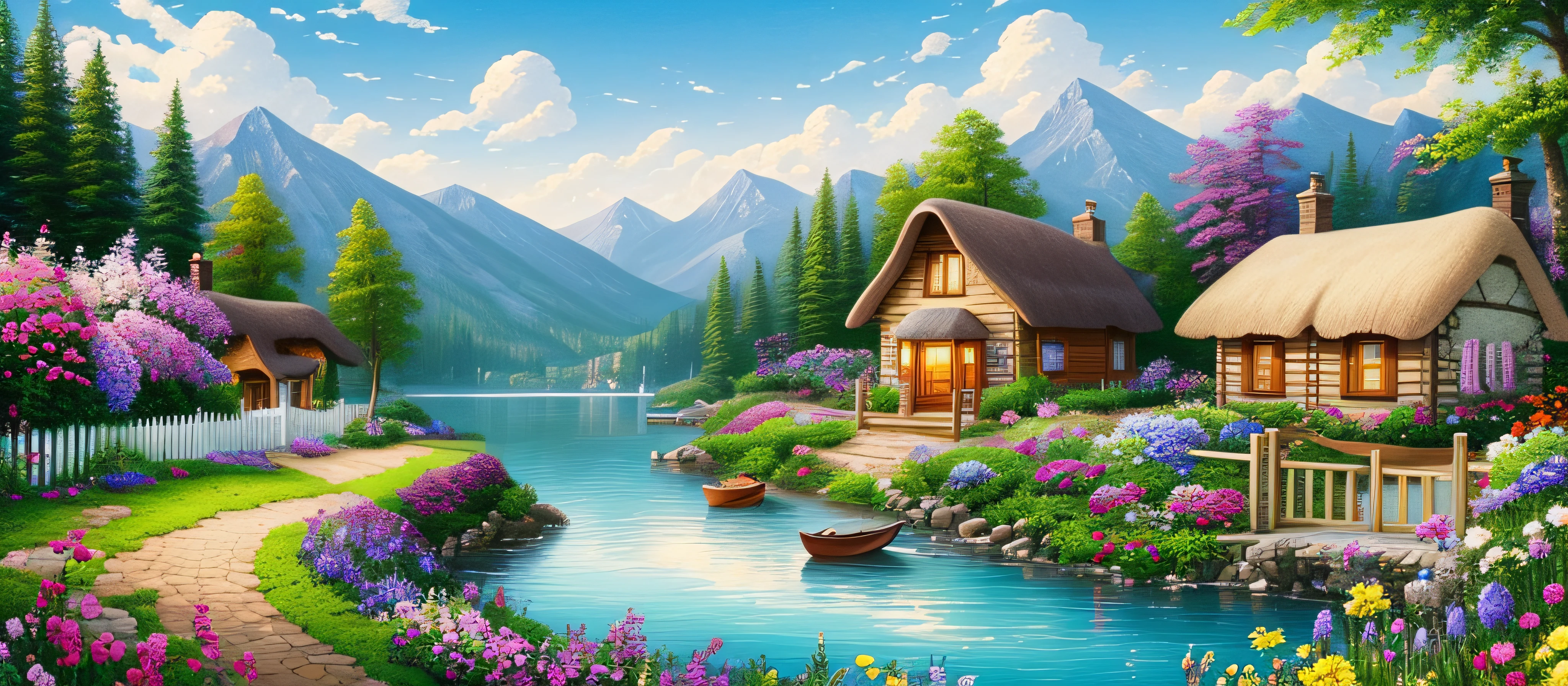 painting of a cottage, flowers beside of fence, fence along the road, mountain landscape with a lake and a boat, illustration matte painting, inspired by Thomas Kinkade, symmetric matte painting, detailed scenery , style raw, 8 k ultra detailed