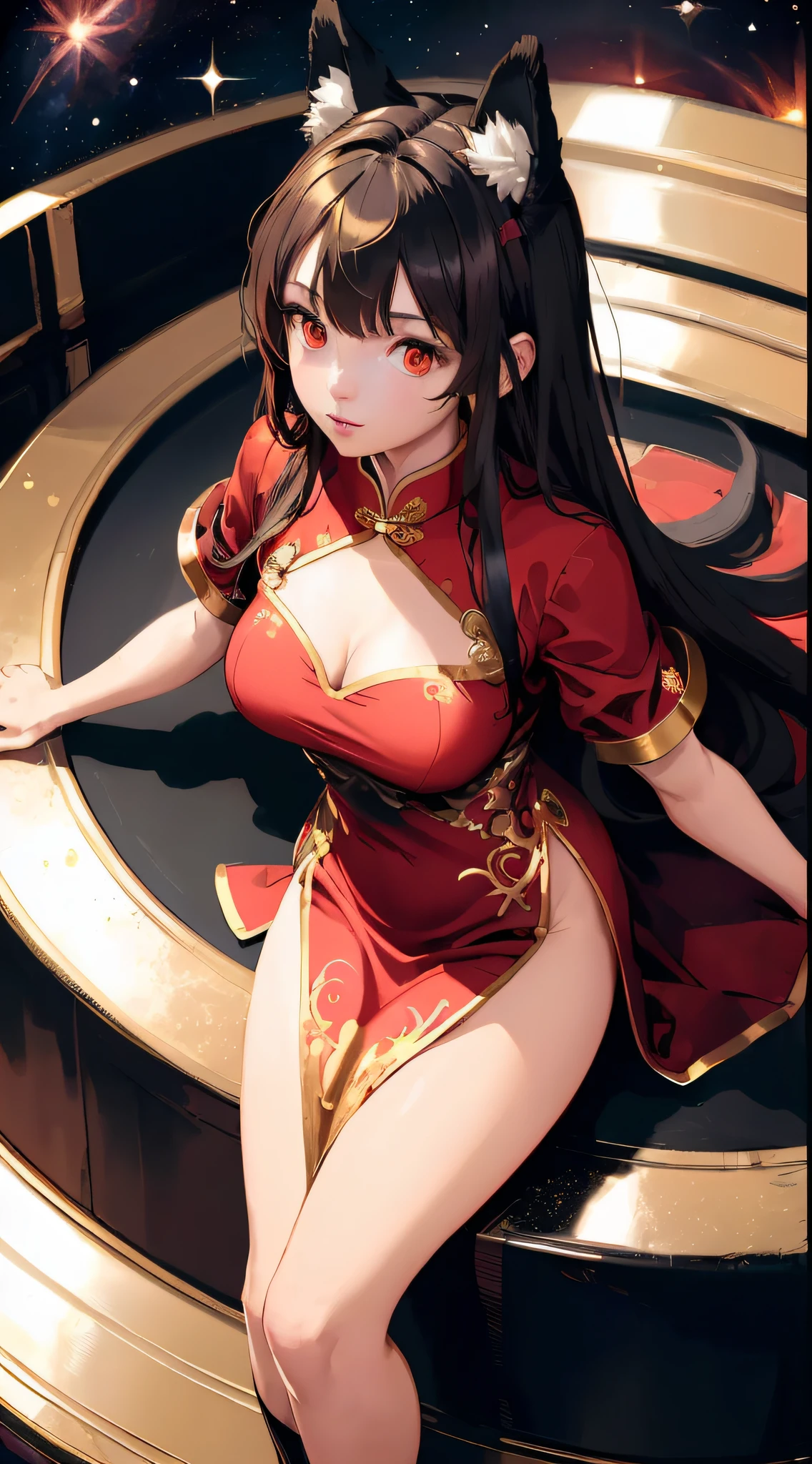 absurd res, A high resolution, (Masterpiece:1.4), Ultra-detailed, Girls, From above, space, Floating, Red Chinese dress, Red dress, Black stockings, Light brown hair, Gold eyes, hands out of frame, Furry ears