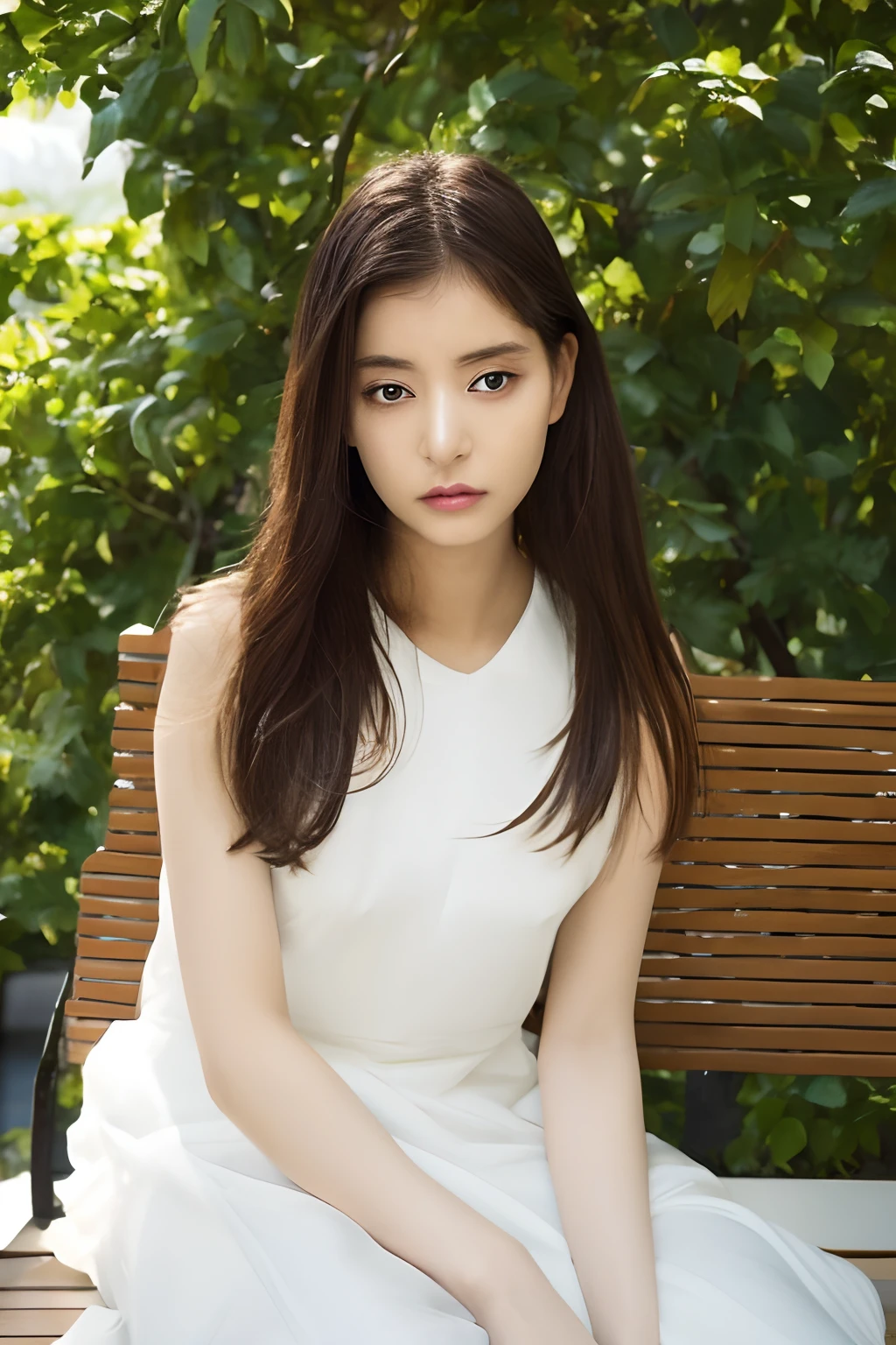 a woman in white dress sitting on a bench in front of a bush, sleepy eyes, drowsy eyes, dozy eyes, dull eyes, vacant look, a fishy look, blank look, empty look, glazed look, triple eyelids, shoot from front,