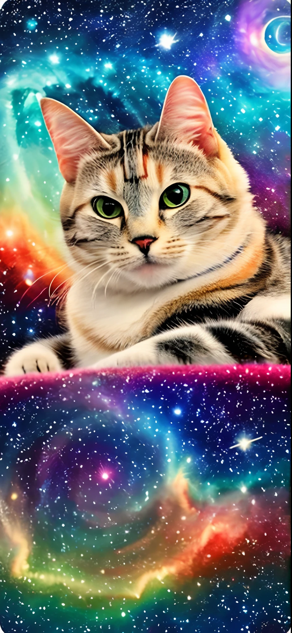 watercolor paiting: , This is a photo of Takku's American Shorthair..、Bright design and pastel colors, Too psychedelic、I don't know what it is anymore、Especially white without purple、under the starry sky、shooting stars、milkyway