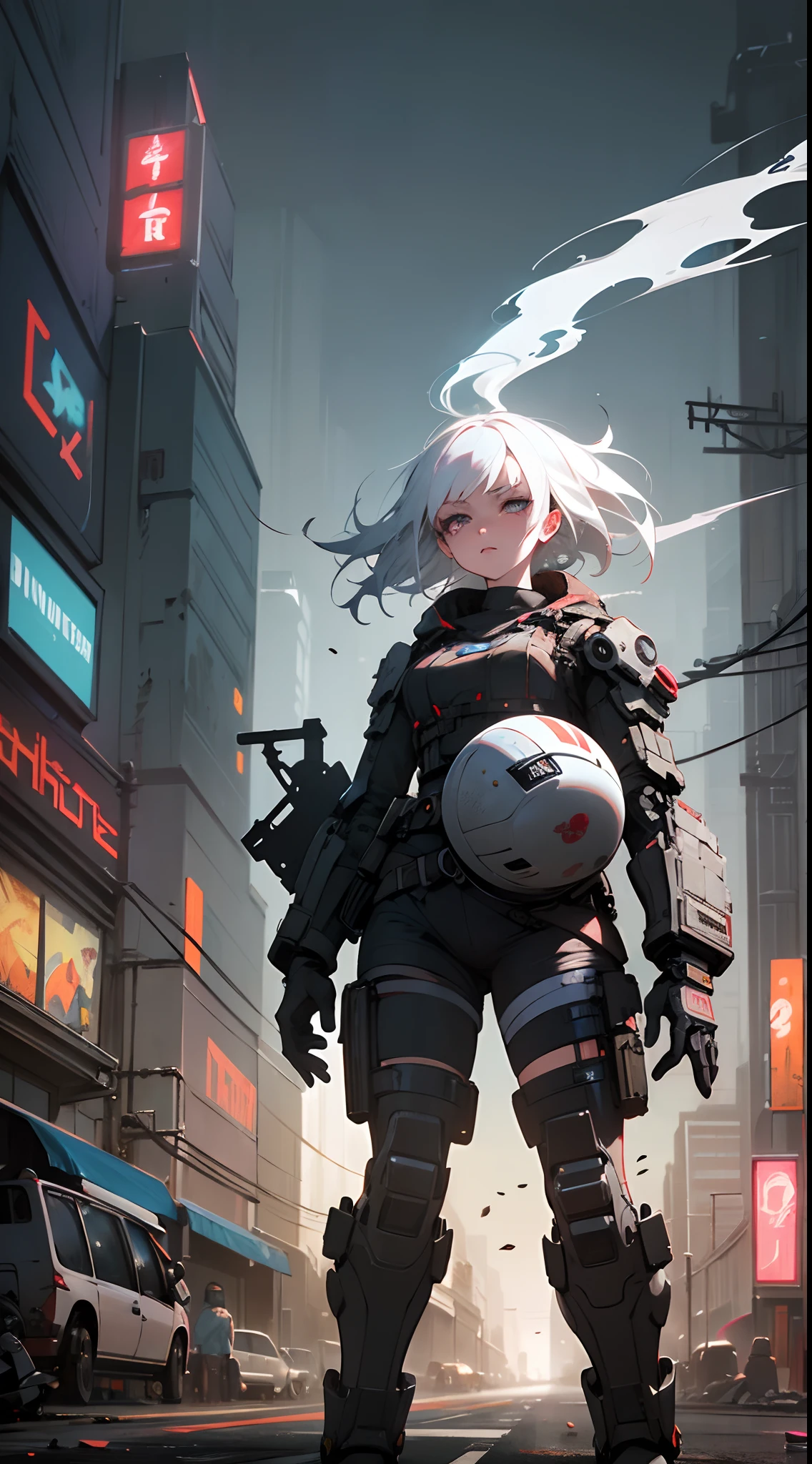 (a girl with white hair,anime style, in a cyberpunk wasteland, with cinematic lighting),best quality,ultra-detailed,realistic,concept artists,gritty color grading,neon lights,decaying buildings,high-tech gadgets,smoke and steam,cool futuristic fashion,reflective surfaces,dramatic shadows,dynamic pose,city skyline,crowded streets,flying vehicles