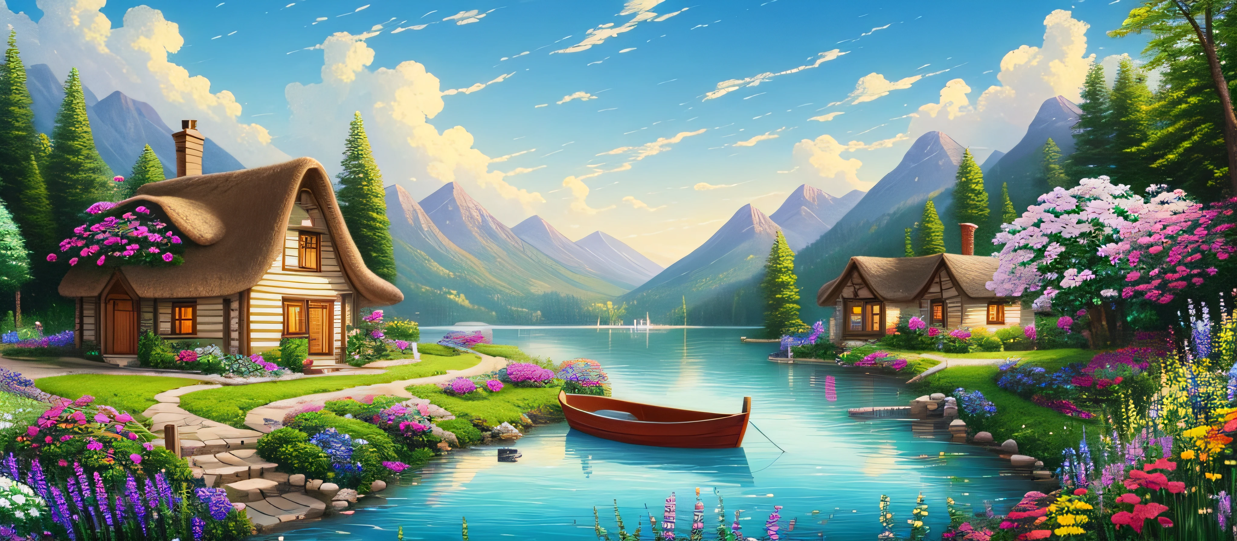 painting of a cottage, flowers beside of fence, fence along the road,  mountain landscape with a lake and a boat, illustration matte painting,  inspired by Thomas Kinkade, symmetric matte painting, detailed scenery , style raw, 8 k ultra detailed