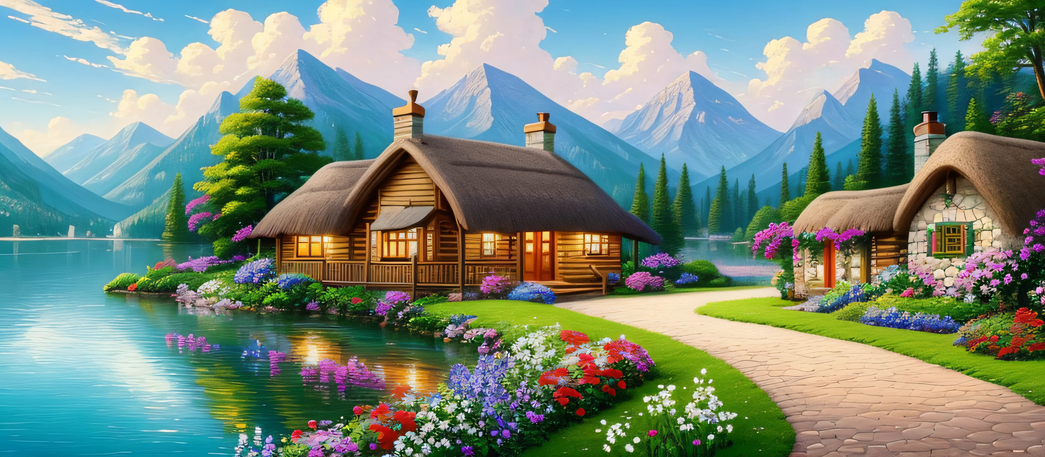 painting of a cottage, flowers beside of fence, fence along the road, mountain landscape with a lake and a boat, illustration matte painting, inspired by Thomas Kinkade, symmetric matte painting, detailed scenery , style raw, 8 k ultra detailed