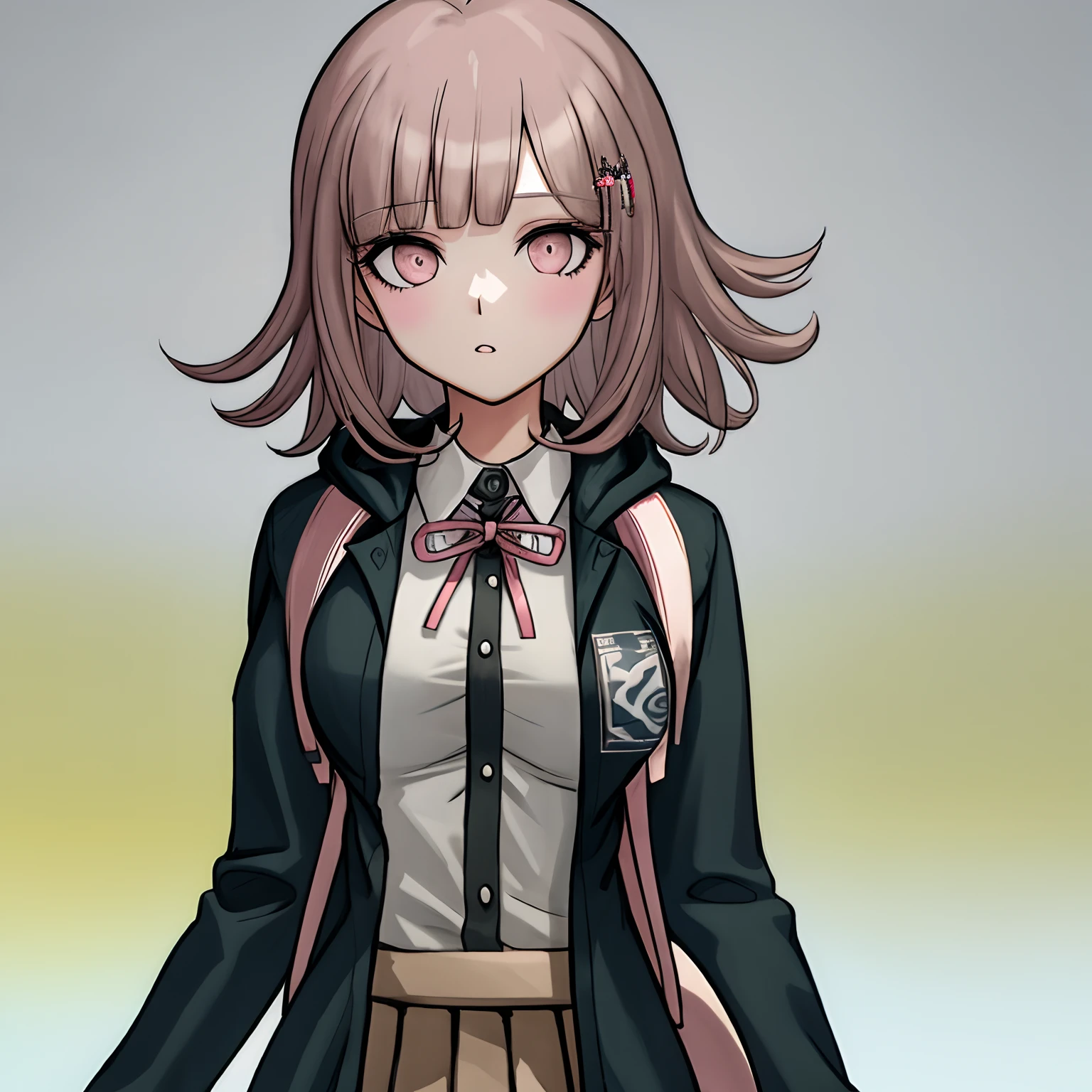 1girl, solo, hair ornament, shirt, jacket, ribbon, skirt, dress shirt, pink ribbon, open clothes, pleated skirt, white shirt, neck ribbon, backpack, collared shirt, hood, open jacket, bag, looking at viewer, black jacket, long sleeves, shirt tucked in, brown skirt, hairclip, upper body, two-tone shirt, hooded jacket, breasts, medium hair,