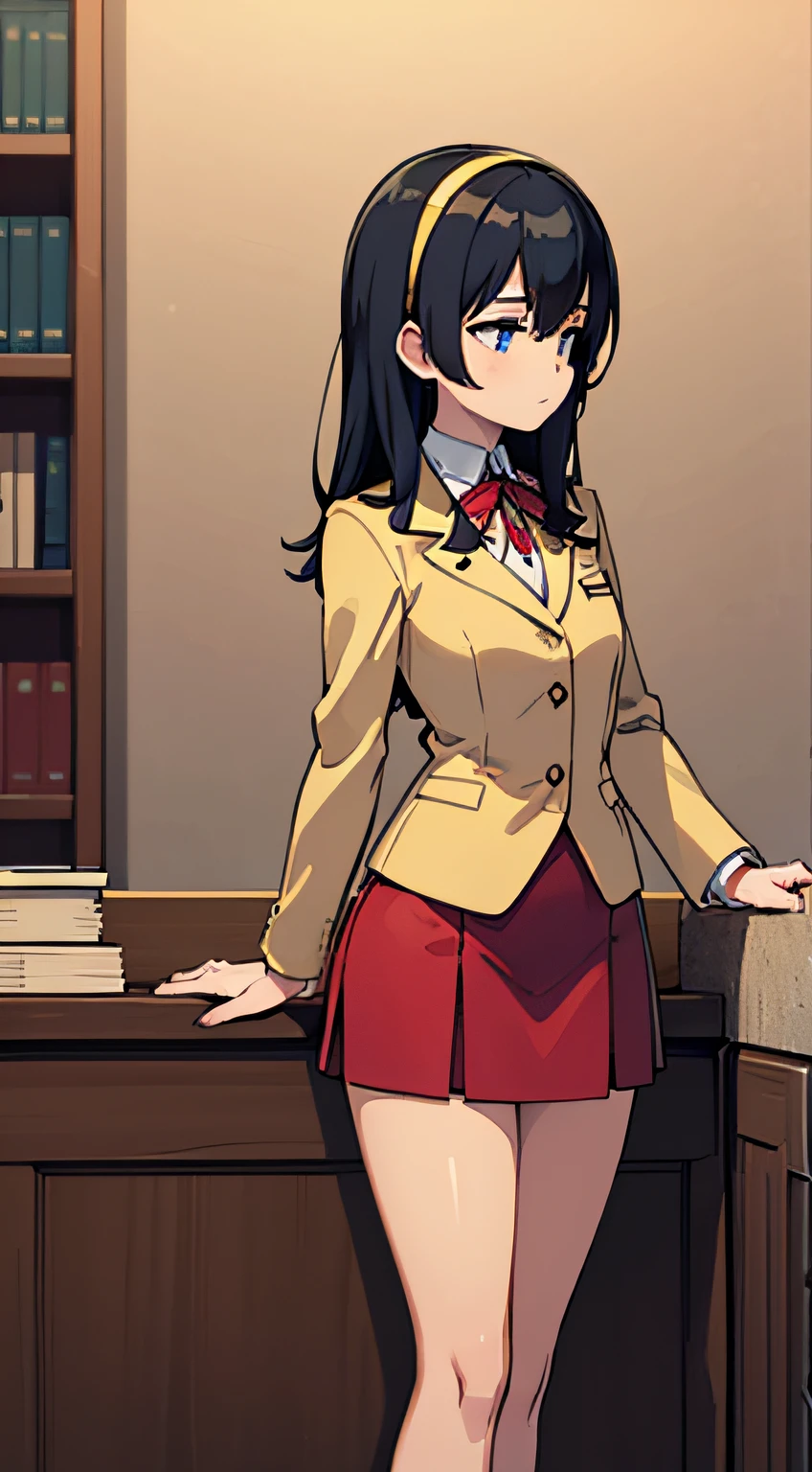 ((masterpiece, top quality)), (solo), distance view, profile, built for camera, oriented flat chest, slim thighs, sleepy expression, uniform, black hair, yellow hair band, white long sleeve shirt, blue ribbon across chest, red blazer, red vest beige skirt, shiny black stockings, loafer shoes, teen girl, soft skin, nice big dark blue eyes (high detail eyes), evening, library, standing by counter, looking up perspective, overhead composition, floating droplet, lens flare fine feature Perfect Anatomy Tomie, Centered, Perfect Distance, Highly Detailed, Complex, Precise, Highly Detailed Rich Color, Green Rich, Rich Color, Accurate, Clean, Rich Color, Exquisite Detail, Golden Ratio Illustration