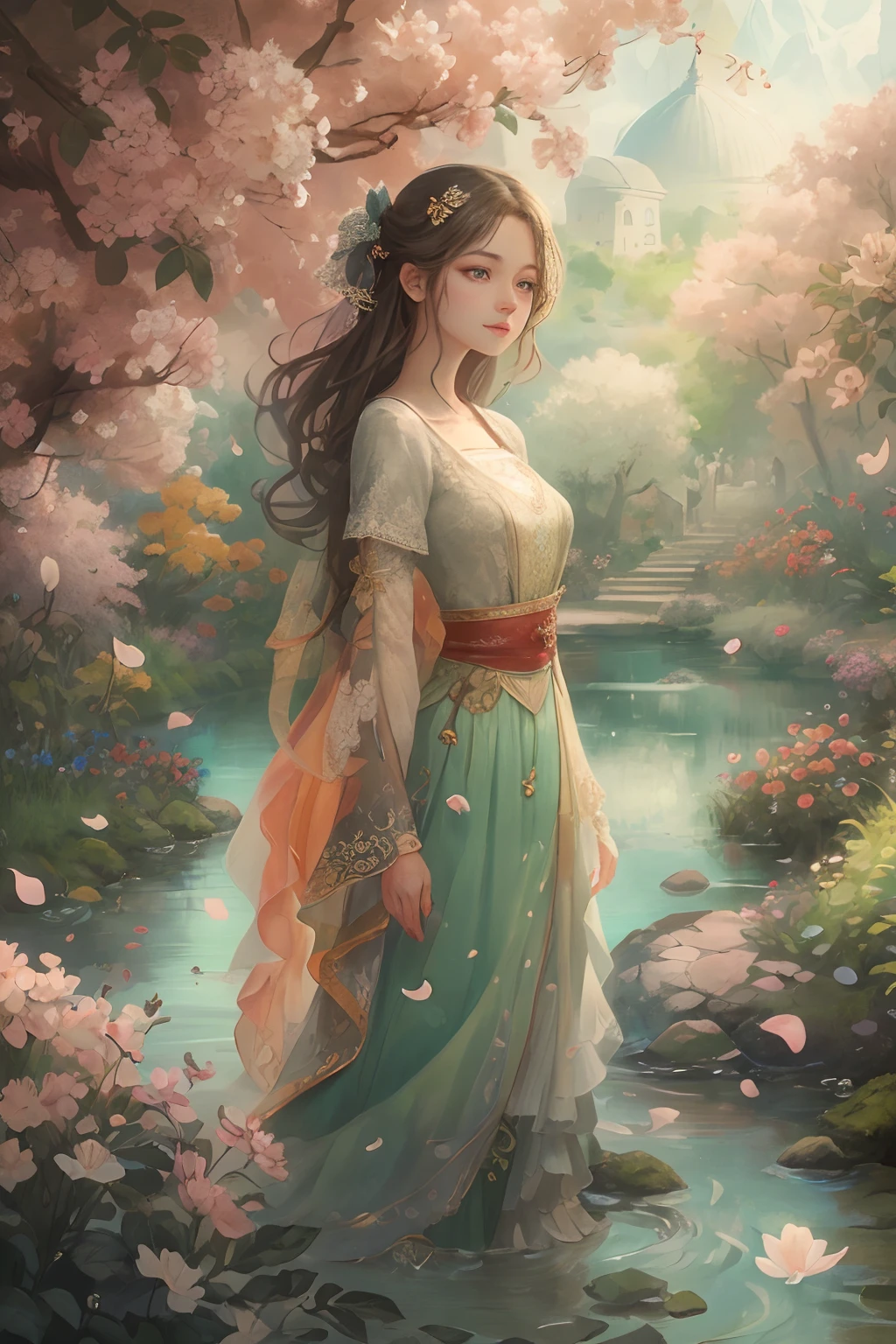 A girl standing in a beautiful garden, Surrounded by vibrant jasmine plants and jasmine petals floating in the air. The scenery is picturesque, A tranquil river flows beside the winding road. The girl has charming and delicate eyes, Long eyelashes enhance her beauty. Her lips are also beautiful, Adds to her elegant appearance。。。。。. The artwork is of the highest quality, The resolution is 8K, Provides ultra-detailed and realistic depictions. The colors are vivid and vibrant, Add depth and life to your images. The overall style of the illustration is reminiscent of a masterpiece, Showcase intricate details and craftsmanship. The lighting in the scene is soft and soft, creating a warm and inviting atmosphere.